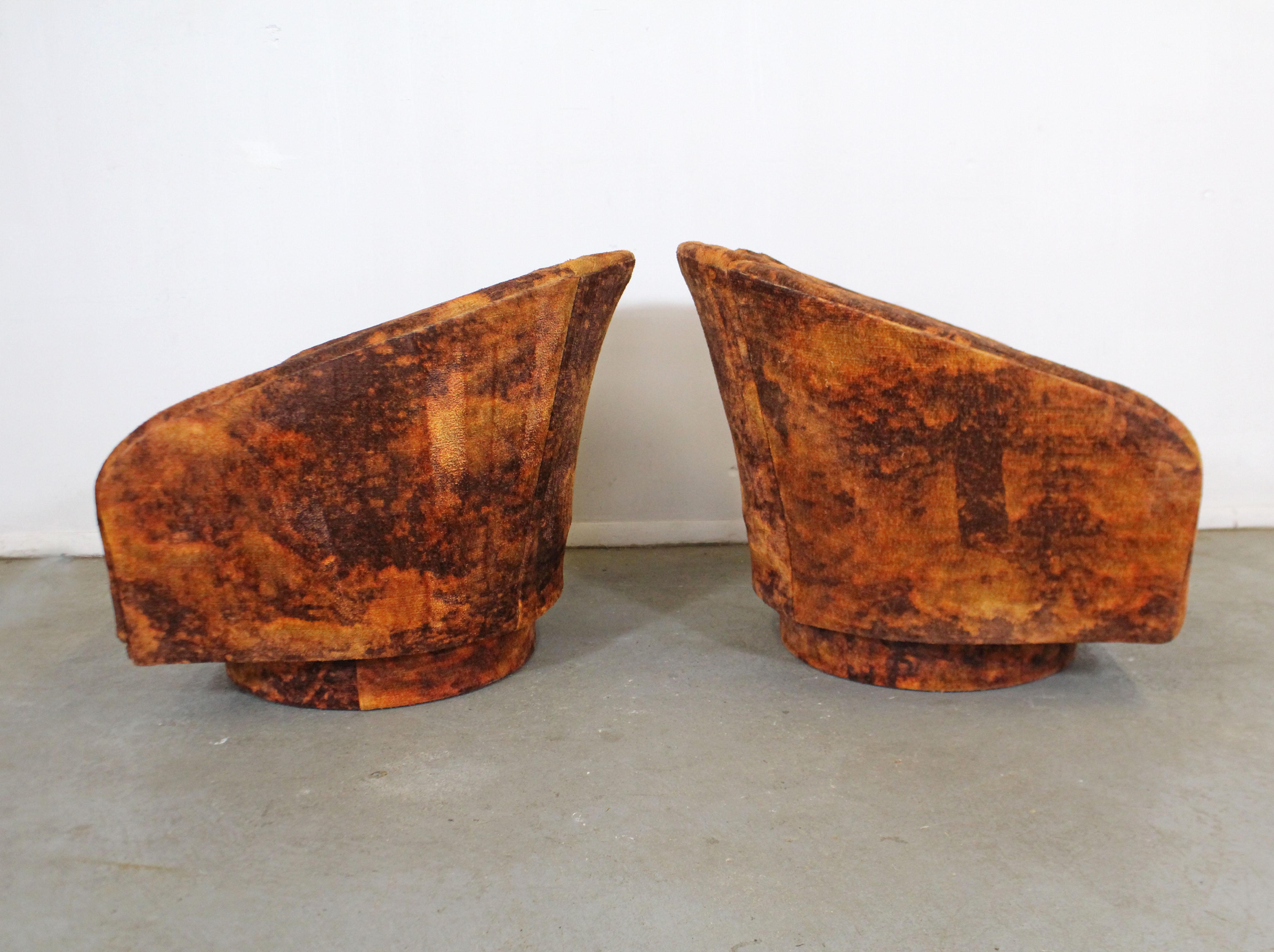 American Pair of Mid-Century Modern Crushed Velvet Milo Baughman Style Swivel Club Chairs