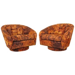 Pair of Mid-Century Modern Crushed Velvet Milo Baughman Style Swivel Club Chairs