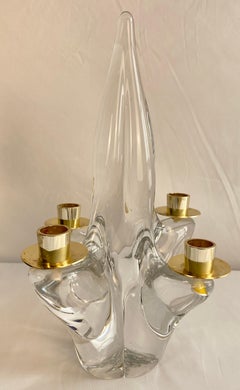 Pair of Mid-Century Modern Crystal Candlesticks by Schneider France