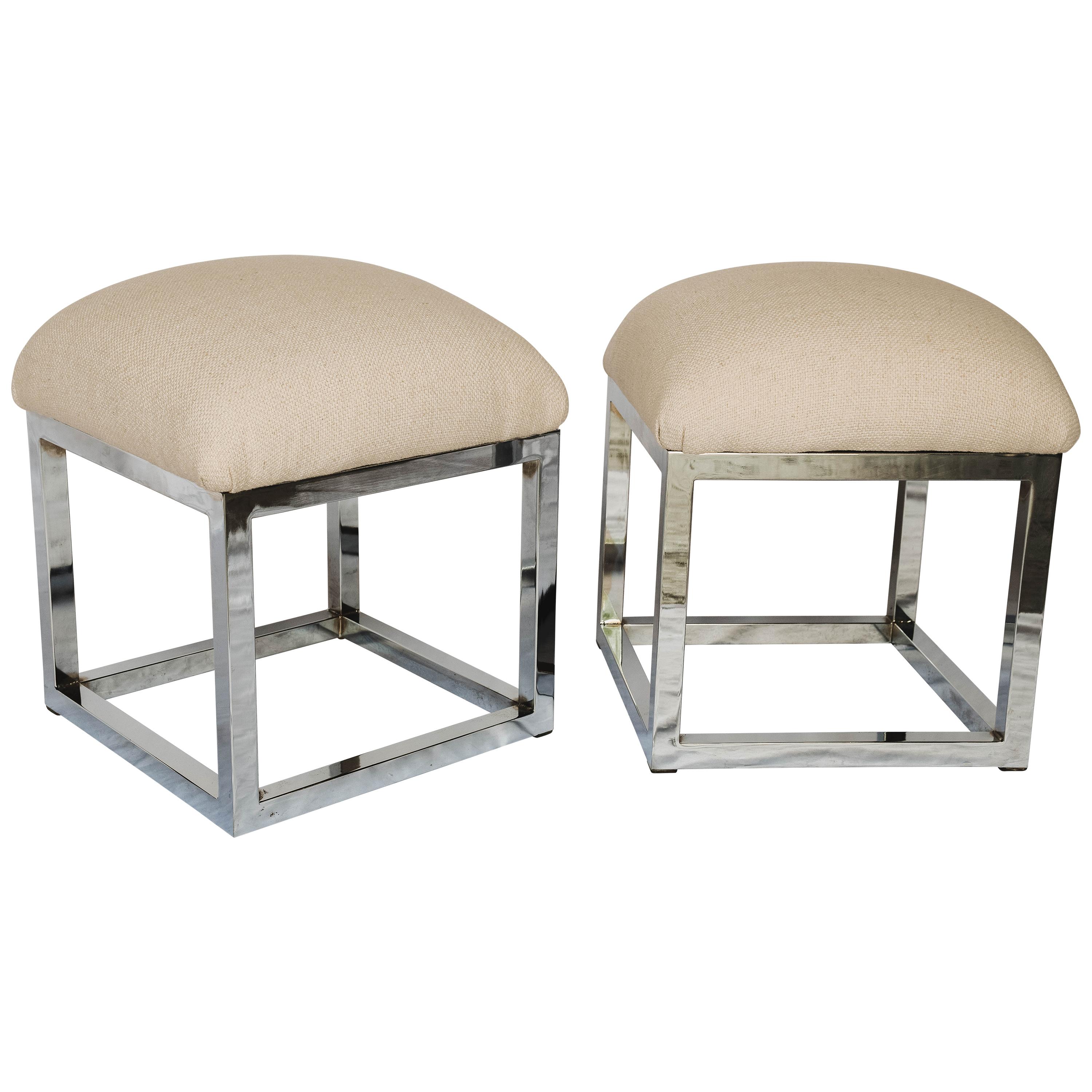 Pair of Mid-Century Modern Cube Chrome Ottomans Attributed to Milo Baughman