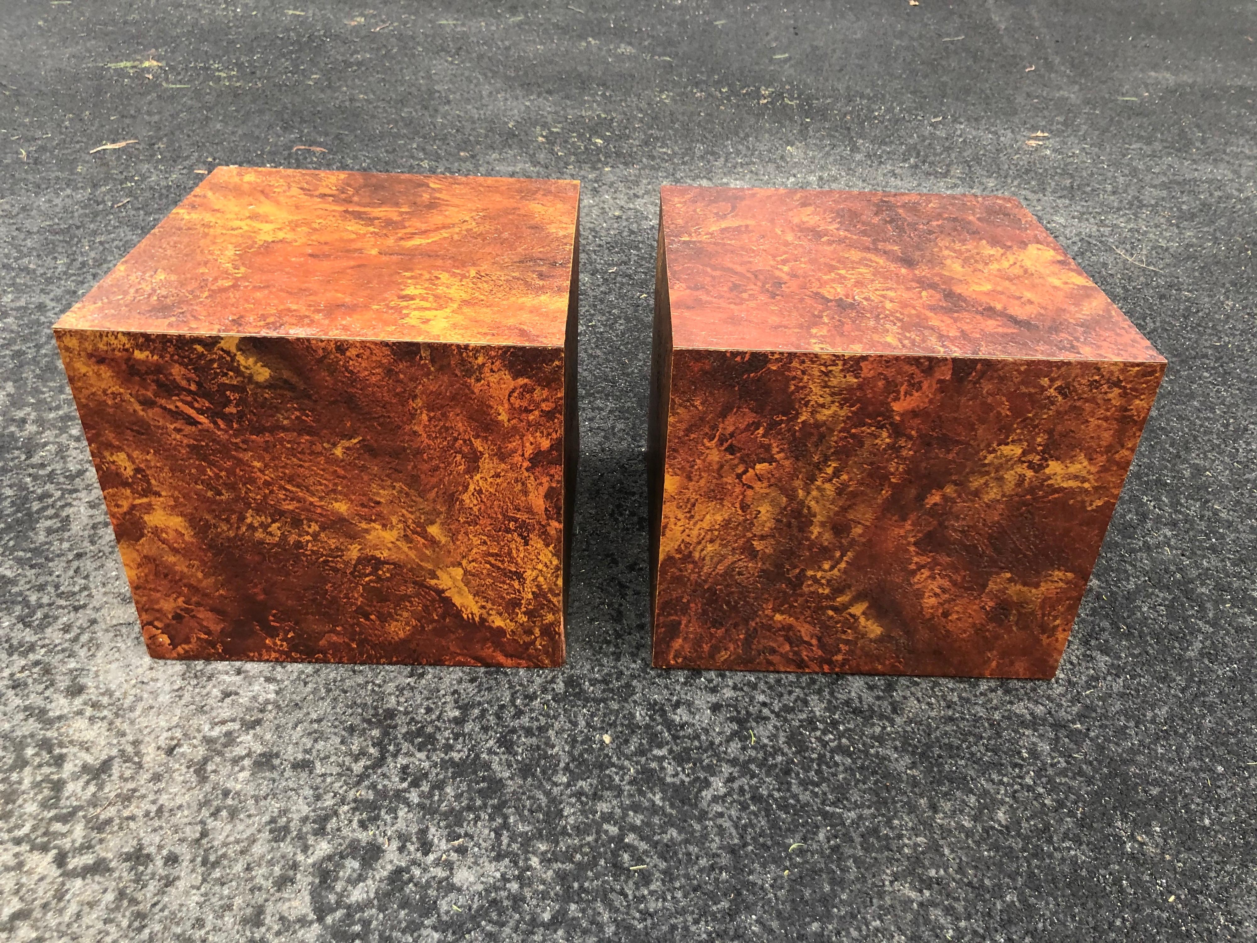 Pressed Pair of Mid-Century Modern Cube Tables in the Style of Paul Evans For Sale