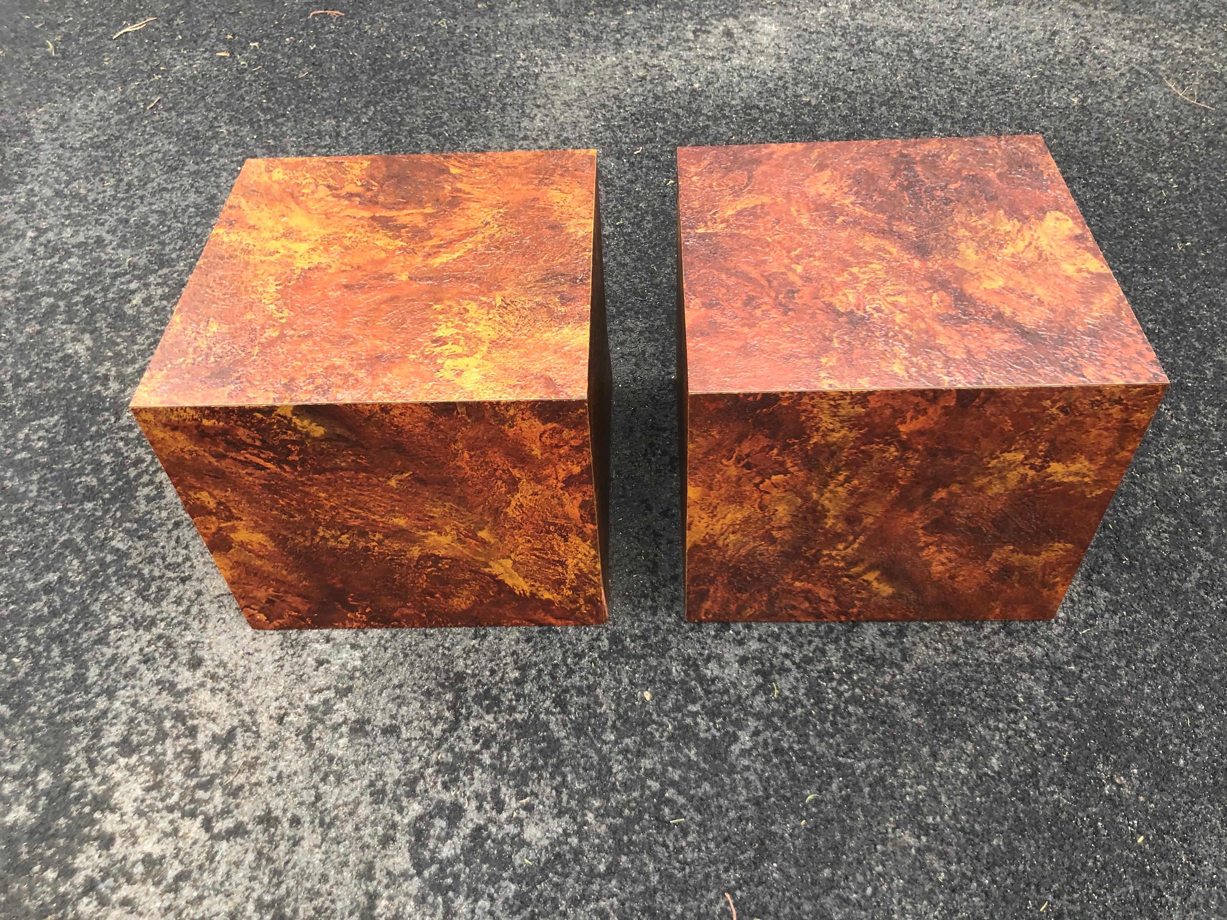Wood Pair of Mid-Century Modern Cube Tables in the Style of Paul Evans For Sale
