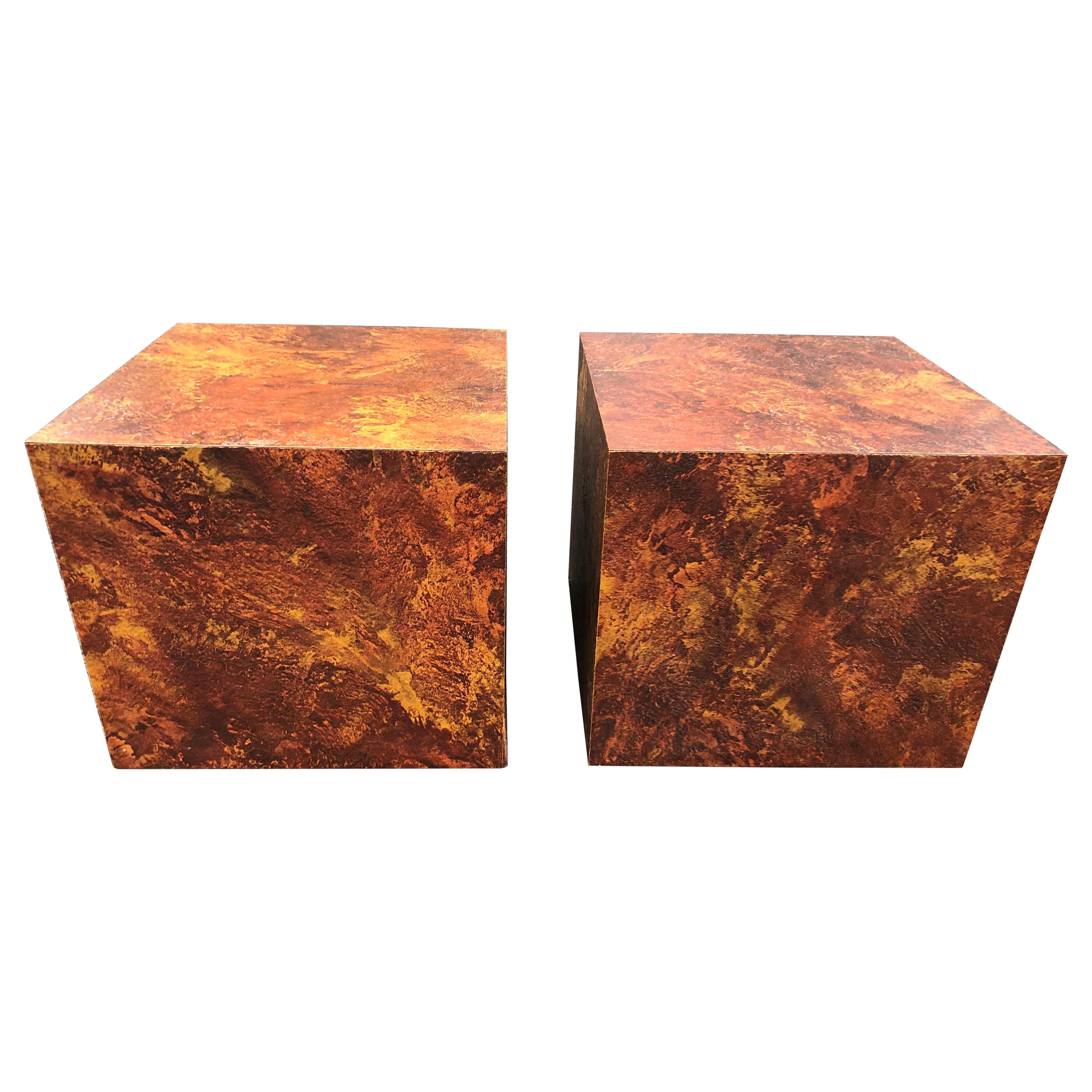 Pair of Mid-Century Modern Cube Tables in the Style of Paul Evans