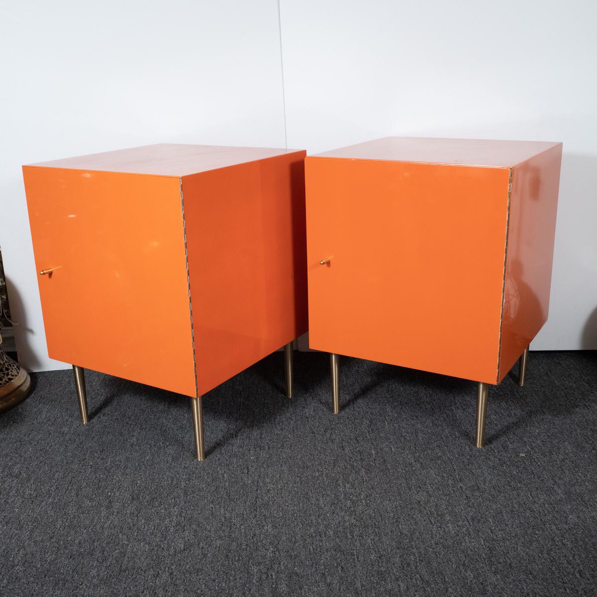 Painted Pair of Mid-Century Modern Cubic Orange Cabinets For Sale