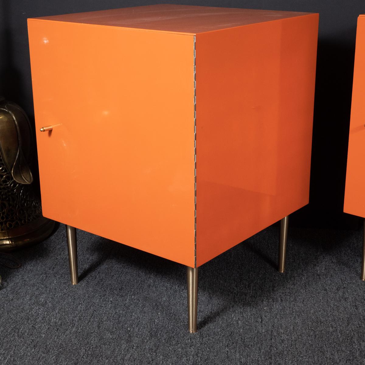 Glass Pair of Mid-Century Modern Cubic Orange Cabinets For Sale