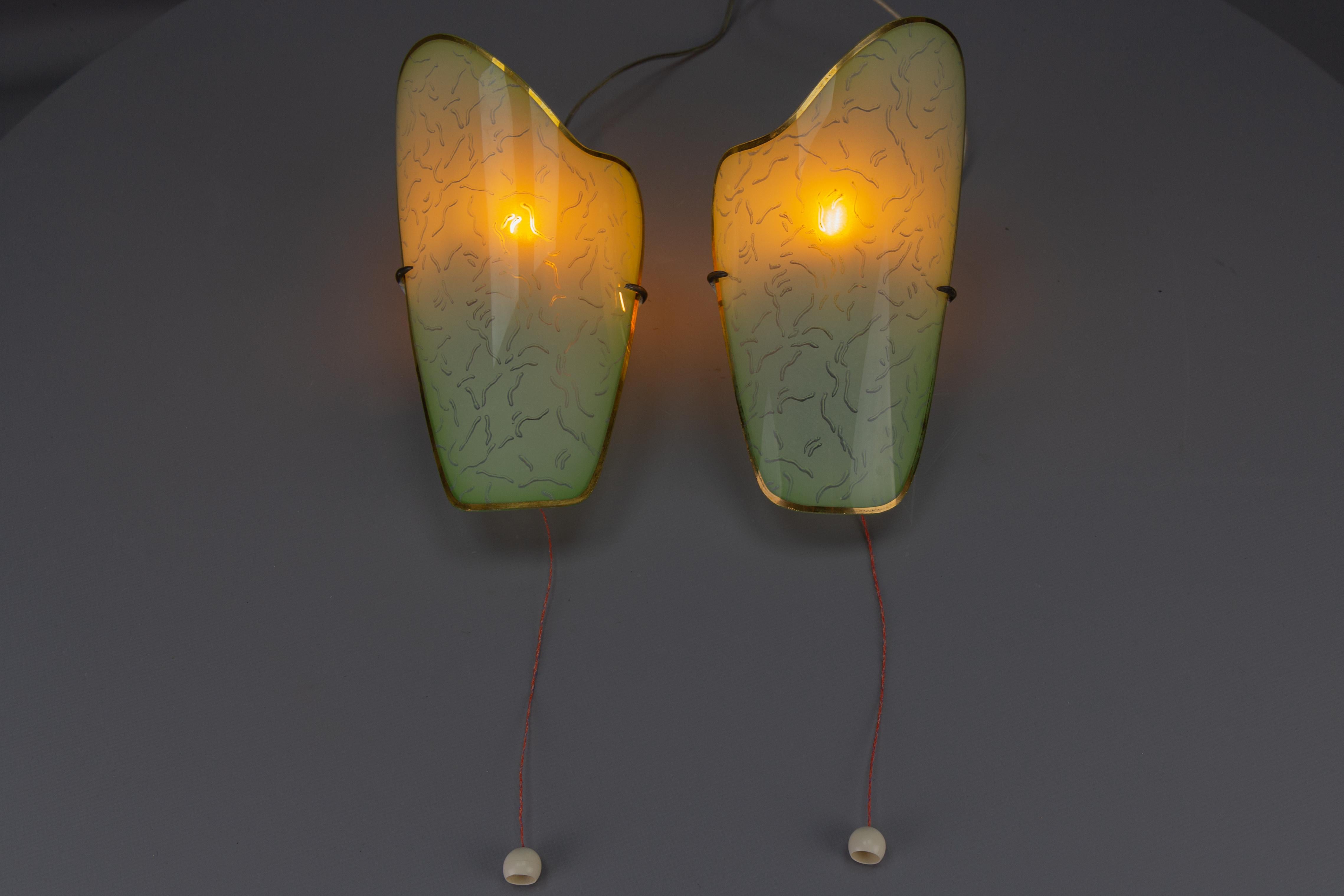 Metal Pair of Mid-Century Modern Curved Green Glass Sconces, Germany, 1950s For Sale