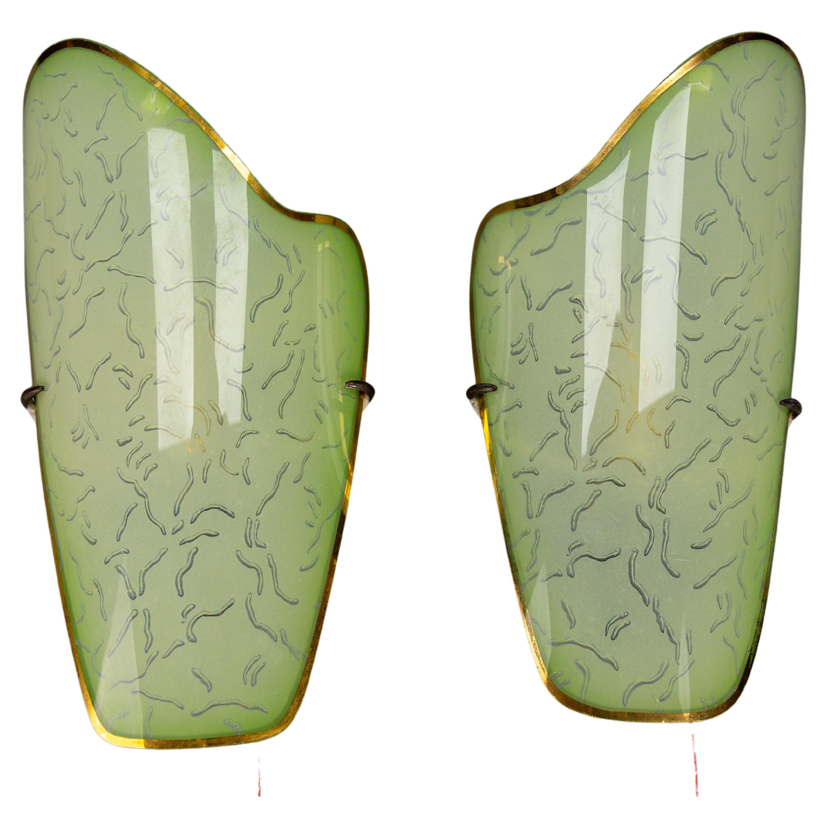 Pair of Mid-Century Modern Curved Green Glass Sconces, Germany, 1950s For Sale