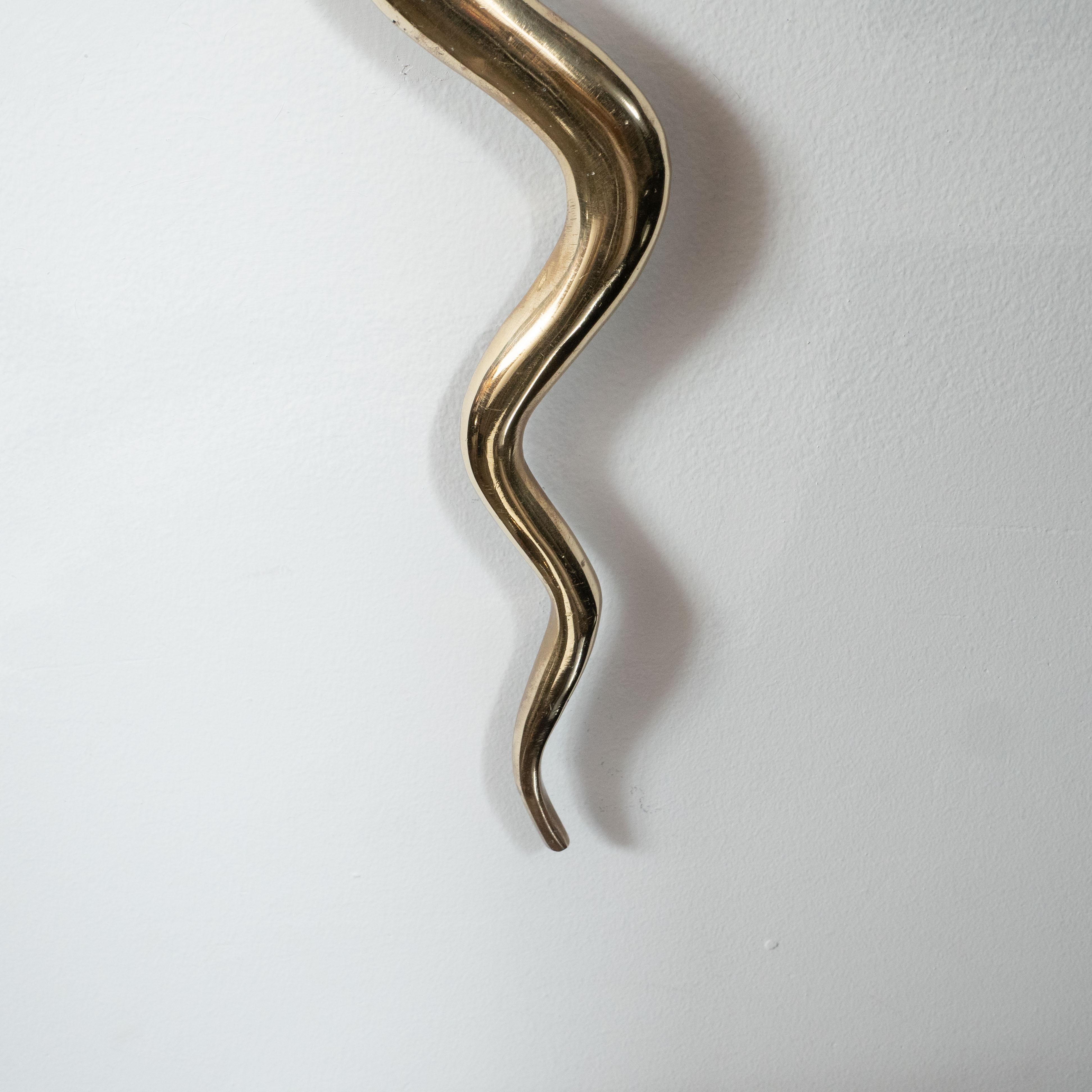 French Pair of Mid-Century Modern Curvilinear Brass Cobra Snake Sconces