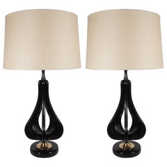 Pair of Mid-Century Modern Cut-Out Tear Drop Brass & Ebonized Walnut Table Lamps