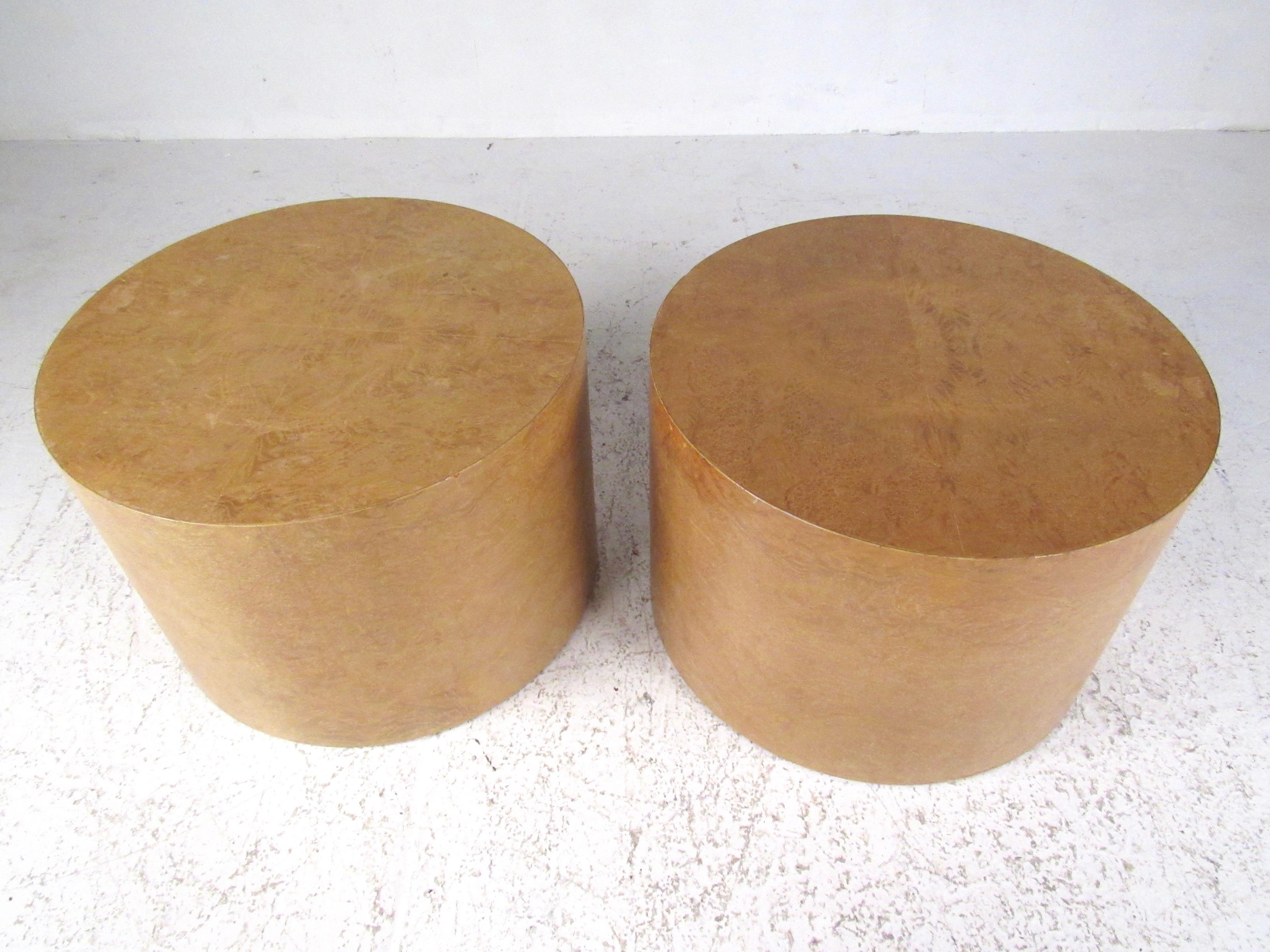 Mid-Century Modern Pair of Mid-Century Cylinder End Tables in Burl Finish