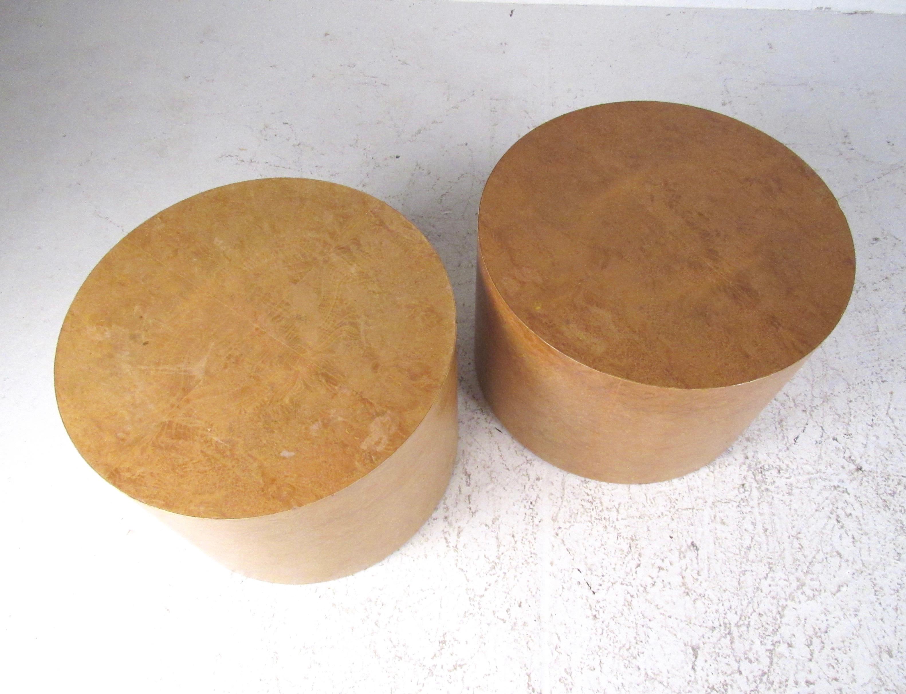 American Pair of Mid-Century Cylinder End Tables in Burl Finish