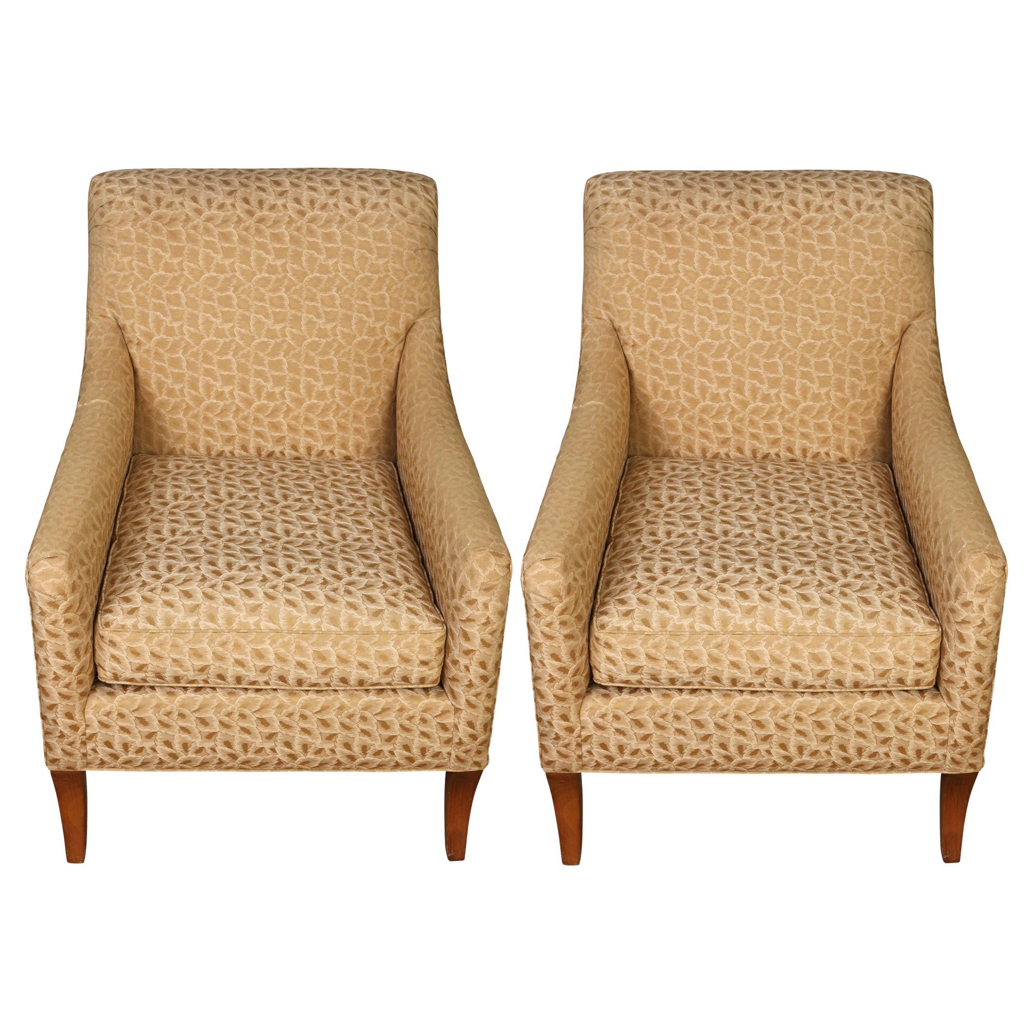 Pair of MidCentury Modern Damask Gold Leaf Upholstered Club Chairs For