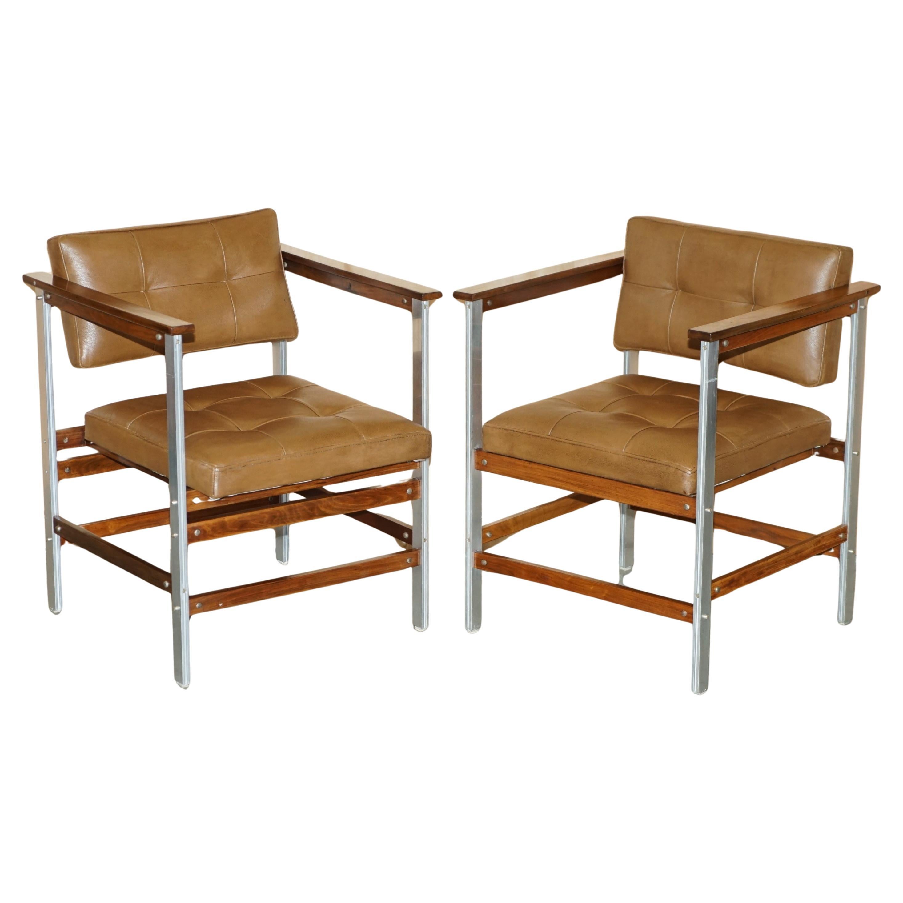 PAIR OF MiD CENTURY MODERN DANISH HARDWOOD & BROWN LEATHER CHROME ARMCHAIRS