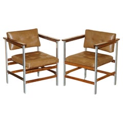 PAIR OF MiD CENTURY MODERN DANISH HARDWOOD & BROWN LEATHER CHROME ARMCHAIRS