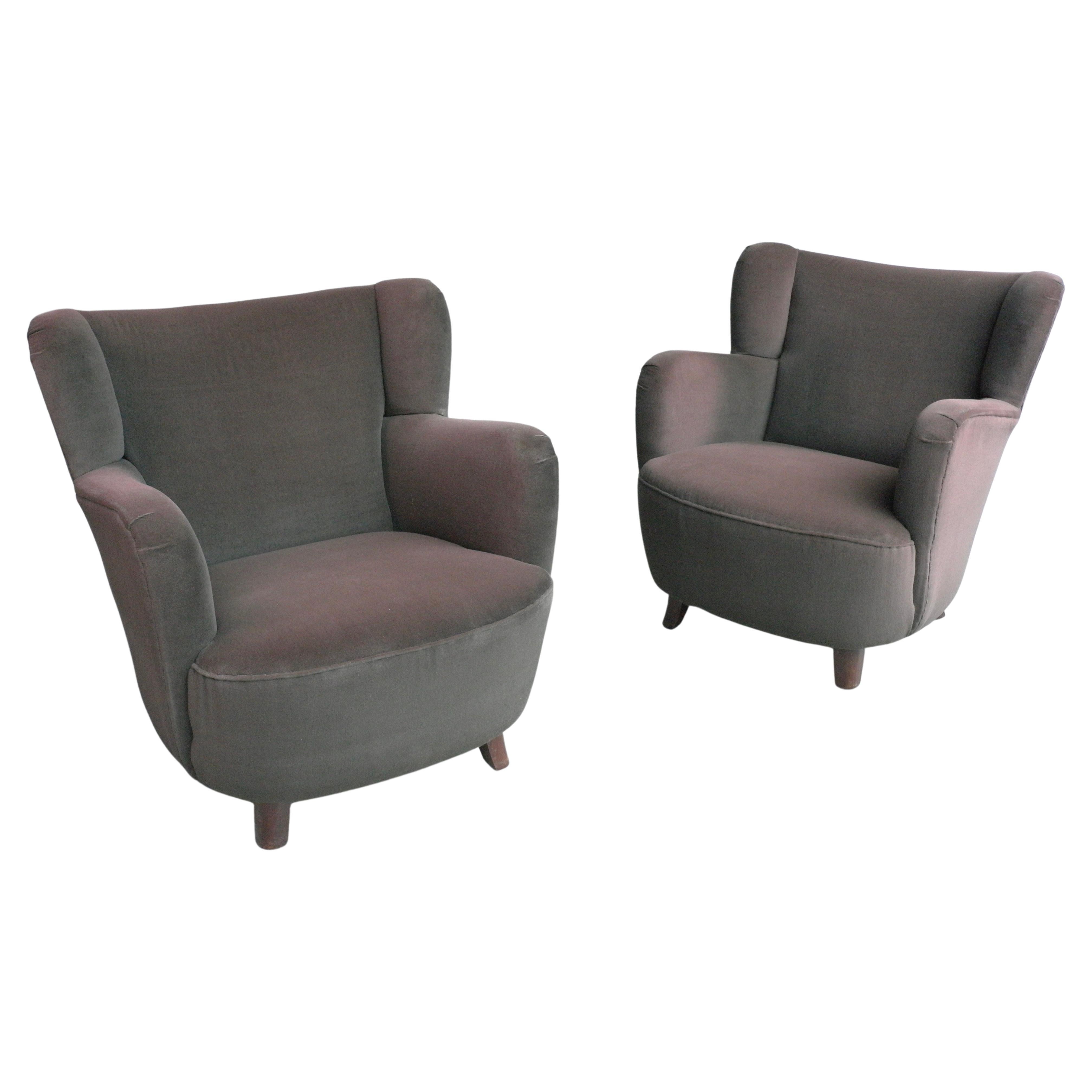 Pair of Mid-Century Modern Danish Lounge Chairs in Brown Eggplant Glow Velvet