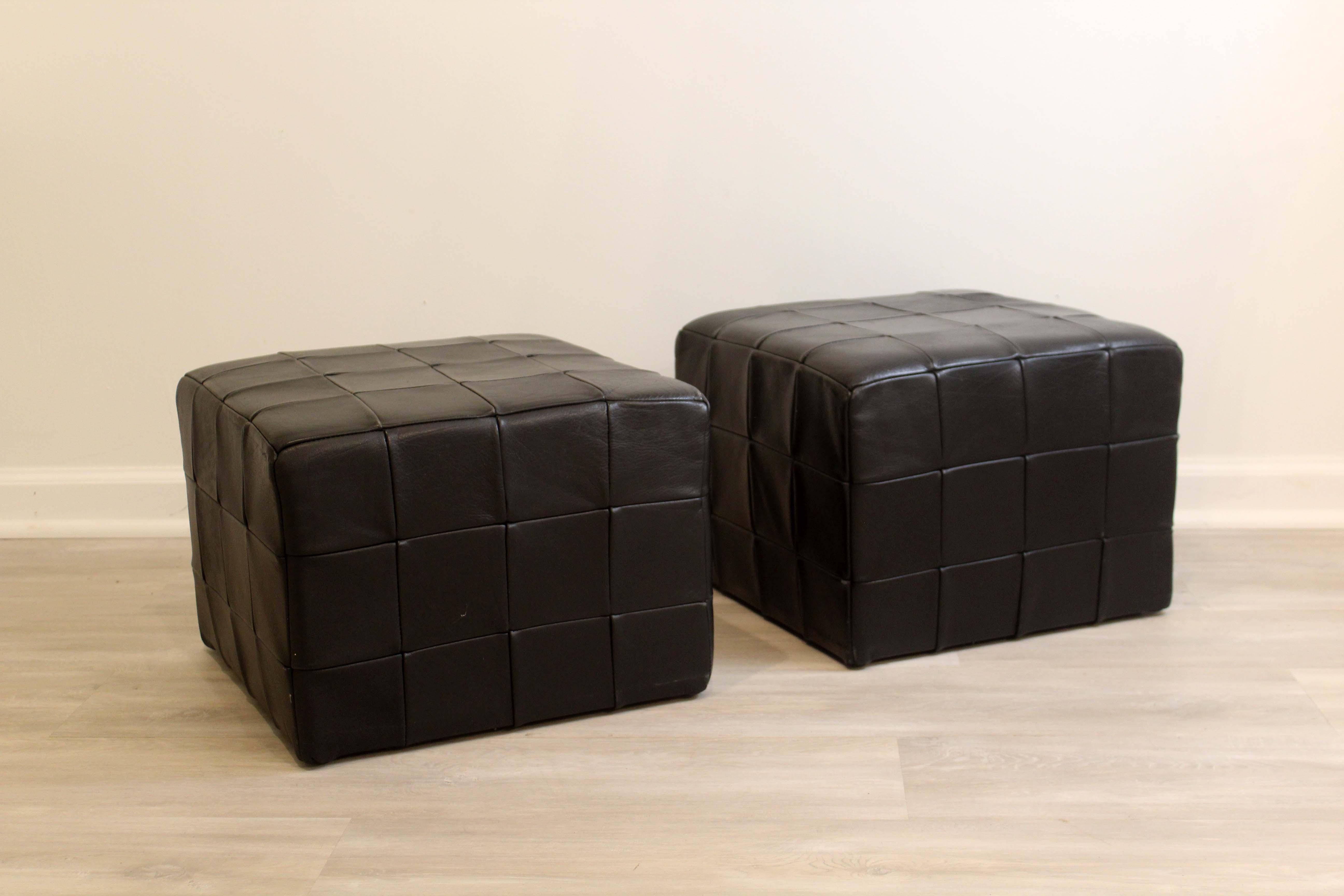 Pair of Mid-Century Modern Danish Square Patchwork Leather Ottoman by Desede In Good Condition In Keego Harbor, MI