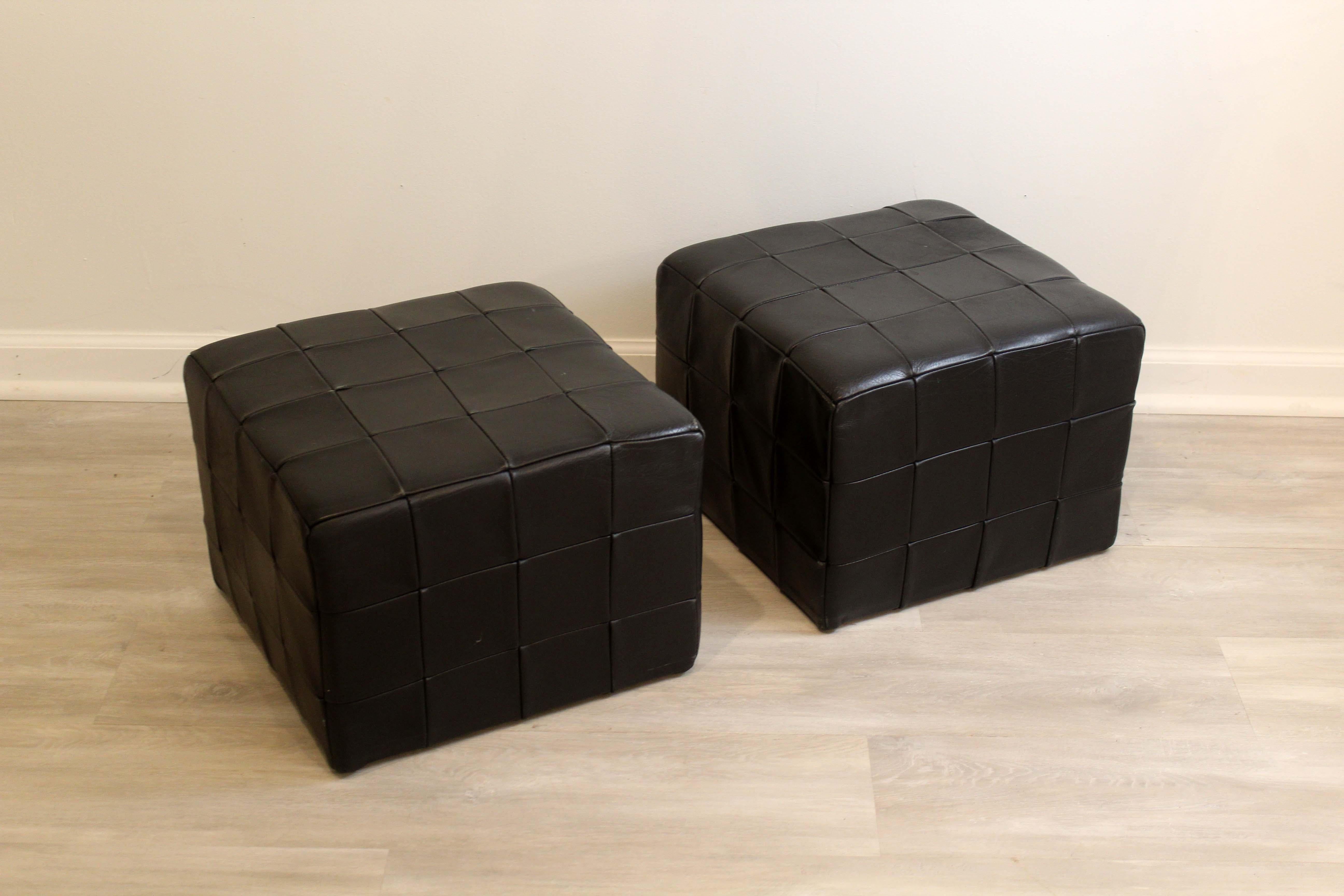 20th Century Pair of Mid-Century Modern Danish Square Patchwork Leather Ottoman by Desede