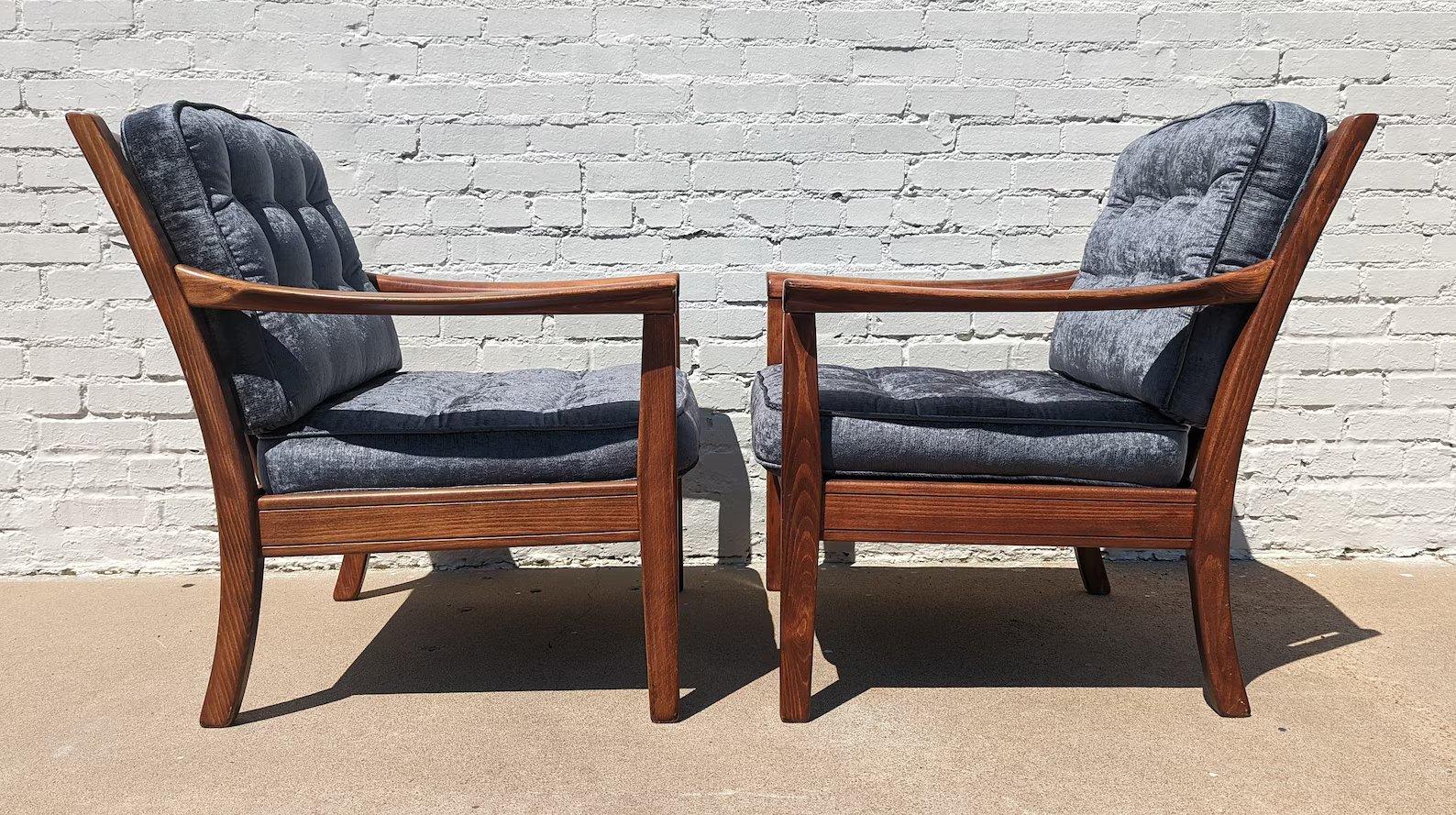 Mid Century Modern Danish Teak Side Chairs

Sold as pair. Above average vintage condition and structurally sound. Has some expected slight finish wear and scratching to frames. Cushions have been recently reupholstered. Outdoor listing pictures