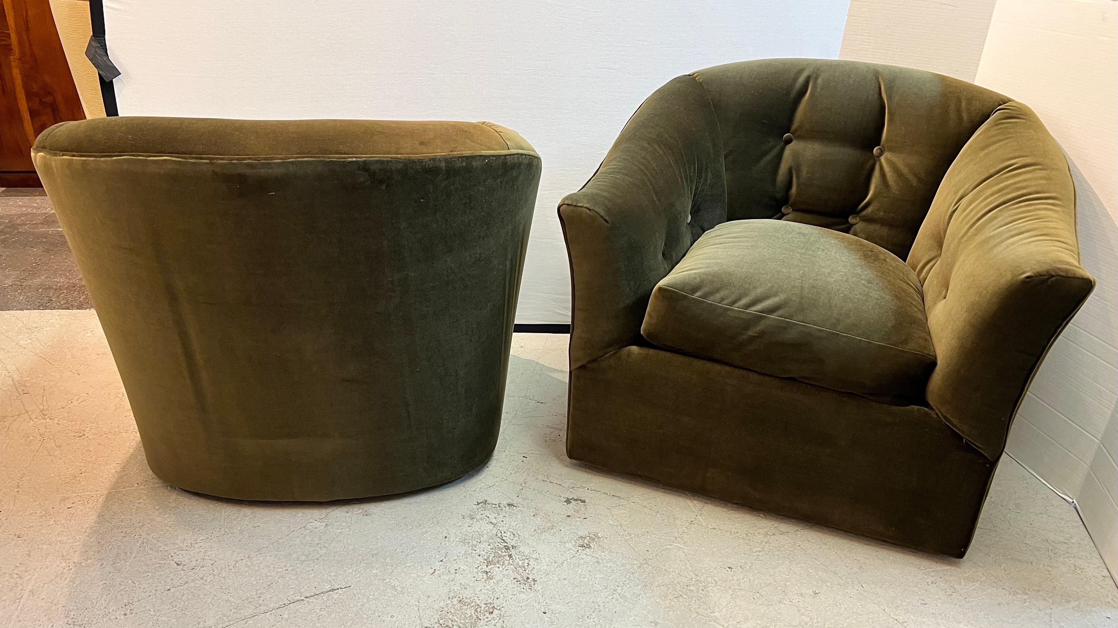 American Pair of Mid-Century Modern Dark Olive Green Velvet Tufted Club Chairs