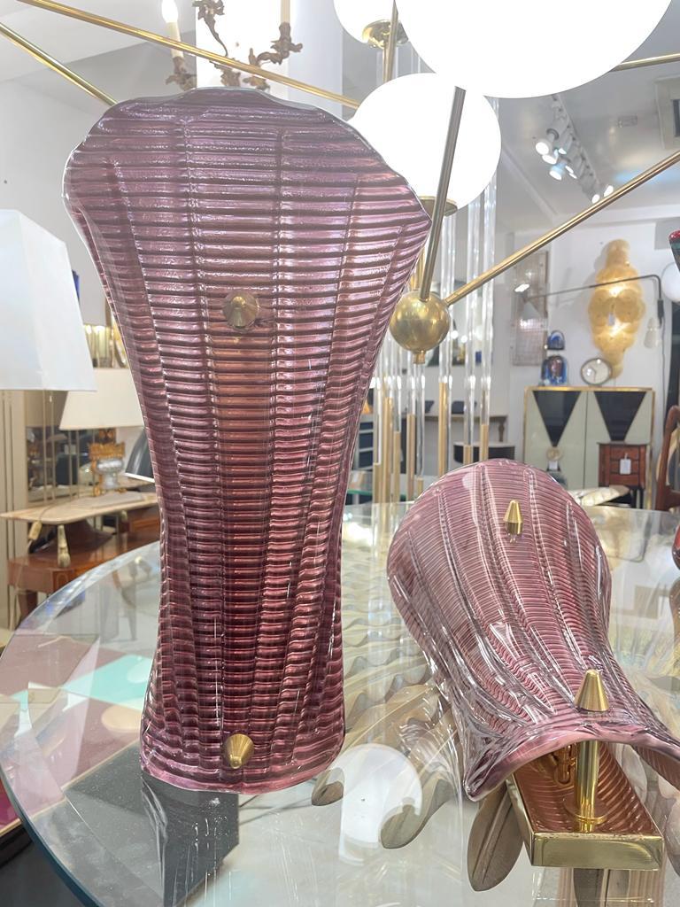 Brass Pair of Mid-Century Modern Dark Pink Murano Glass Sconces