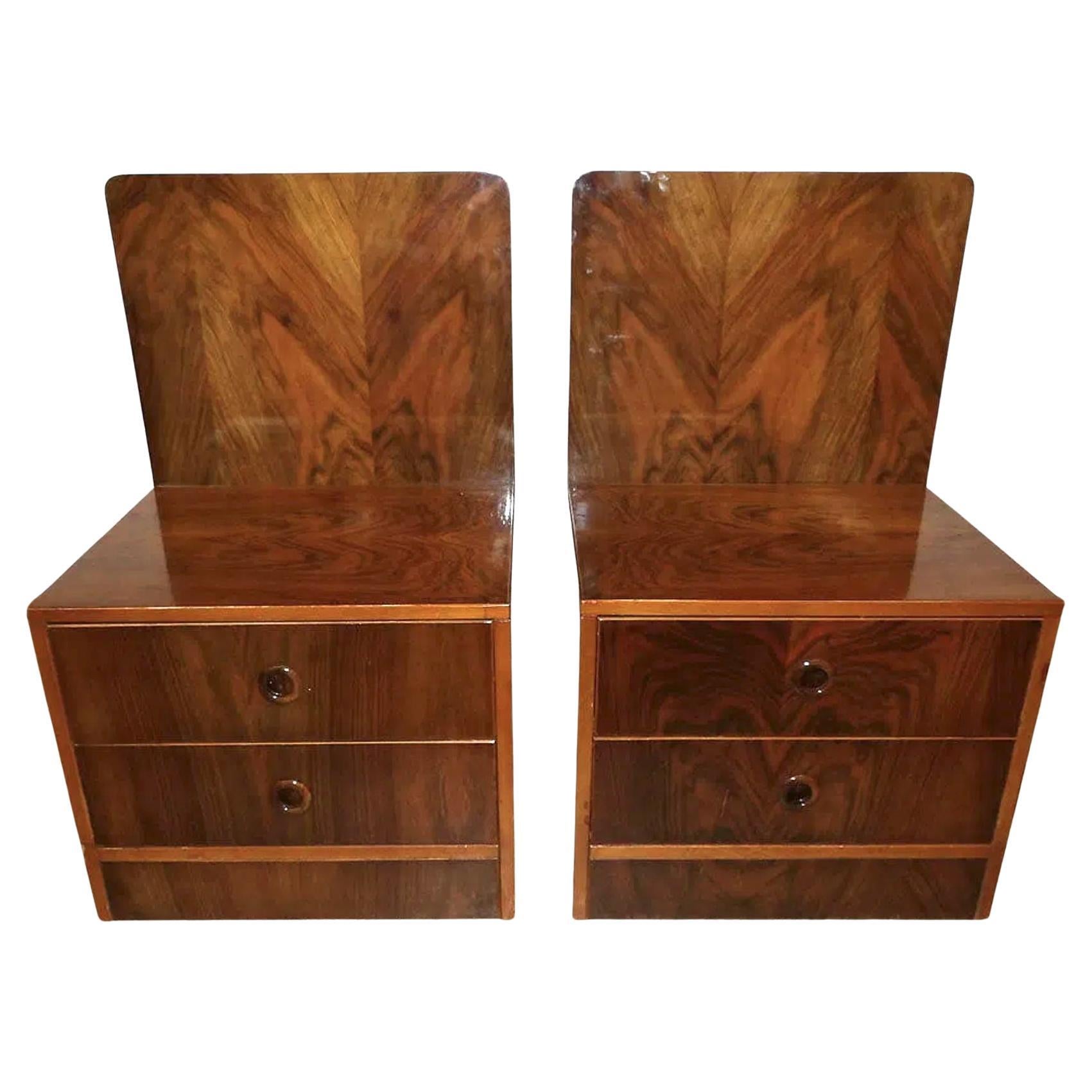 Pair of Mid Century Modern Deco Style Burl Wood 2 drawer nightstands with Back