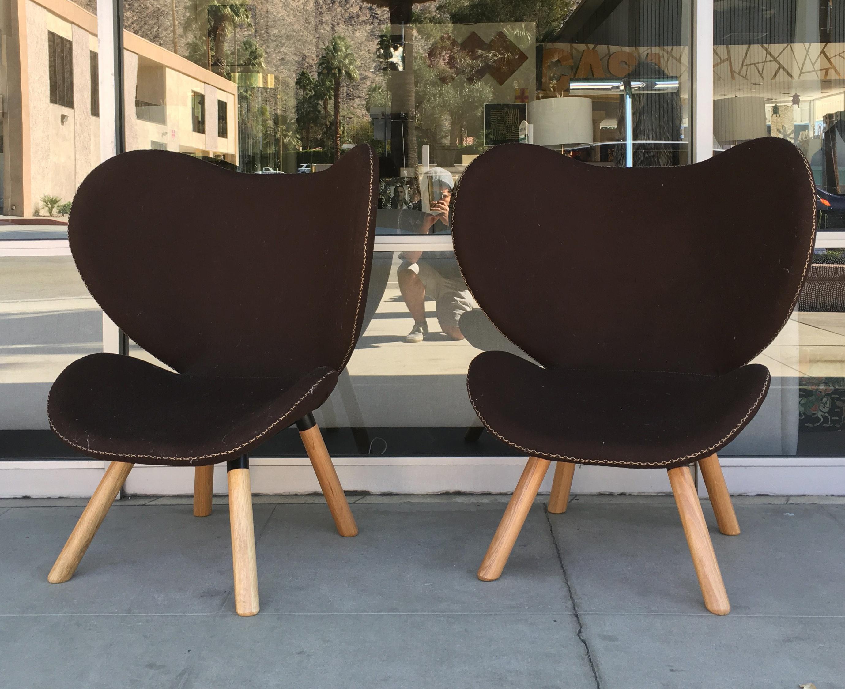 Pair of Mid-Century Modern Denmark Designed Brown Wool Easy Chairs 1