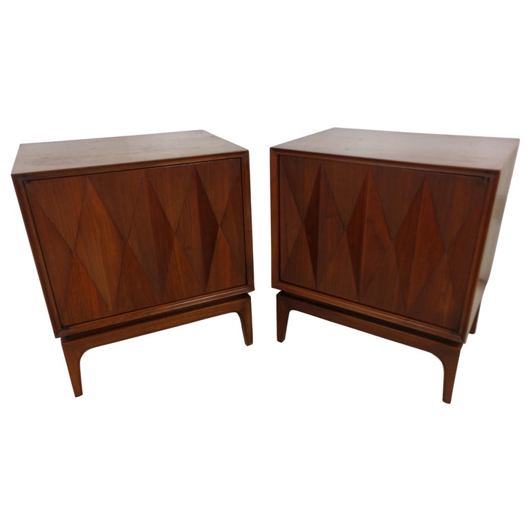 Pair of MidCentury Modern Diamond Faced Walnut Night Tables by Albert