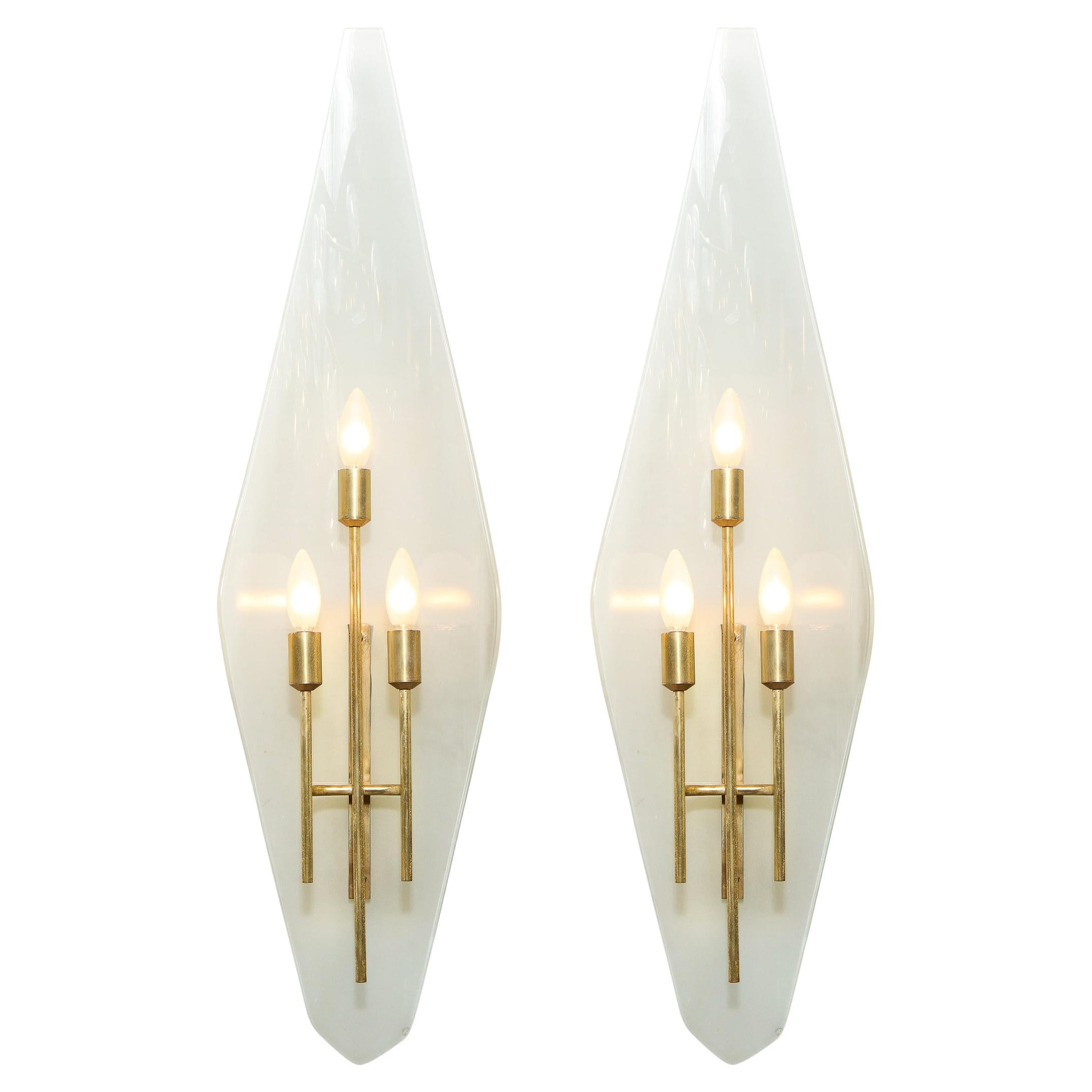 Pair of Mid-Century Modern Diamond Glass Sconces w/ Brass Fittings by Gio Ponti