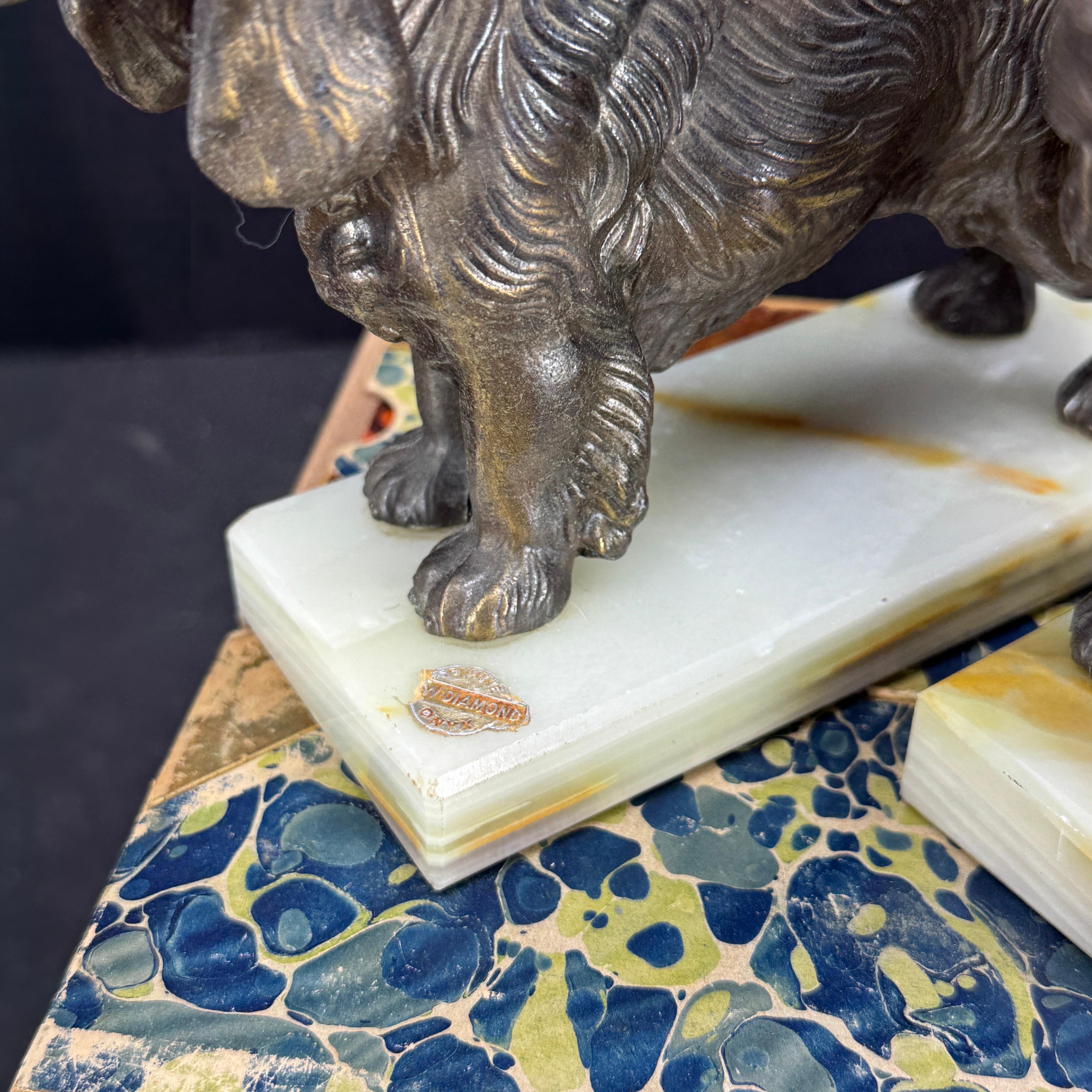 Metal Pair of Mid-Century Modern Dog Book Ends on Onyx Bases For Sale