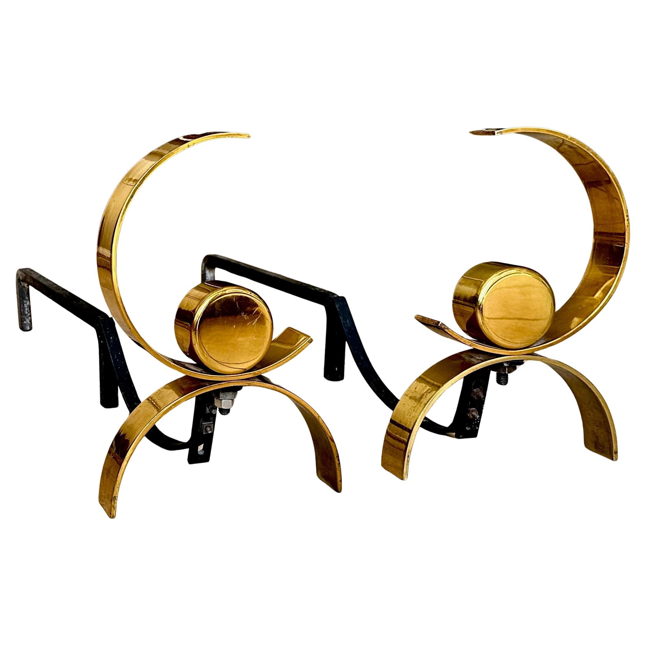 Mid-Century Modern Andirons by Donald Deskey, Brass & Iron, USA, 1950s