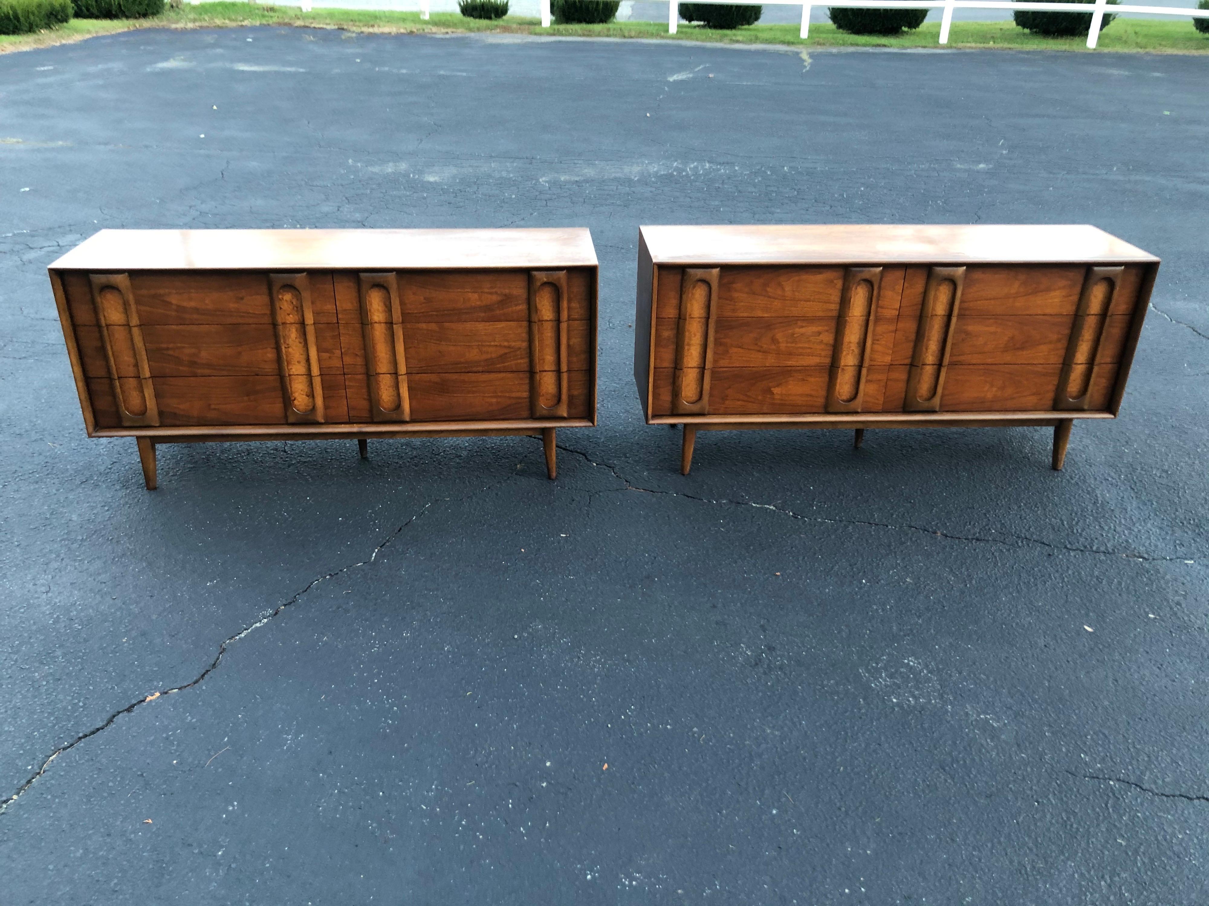 Walnut Pair of Mid-Century Modern Dressers by Lane