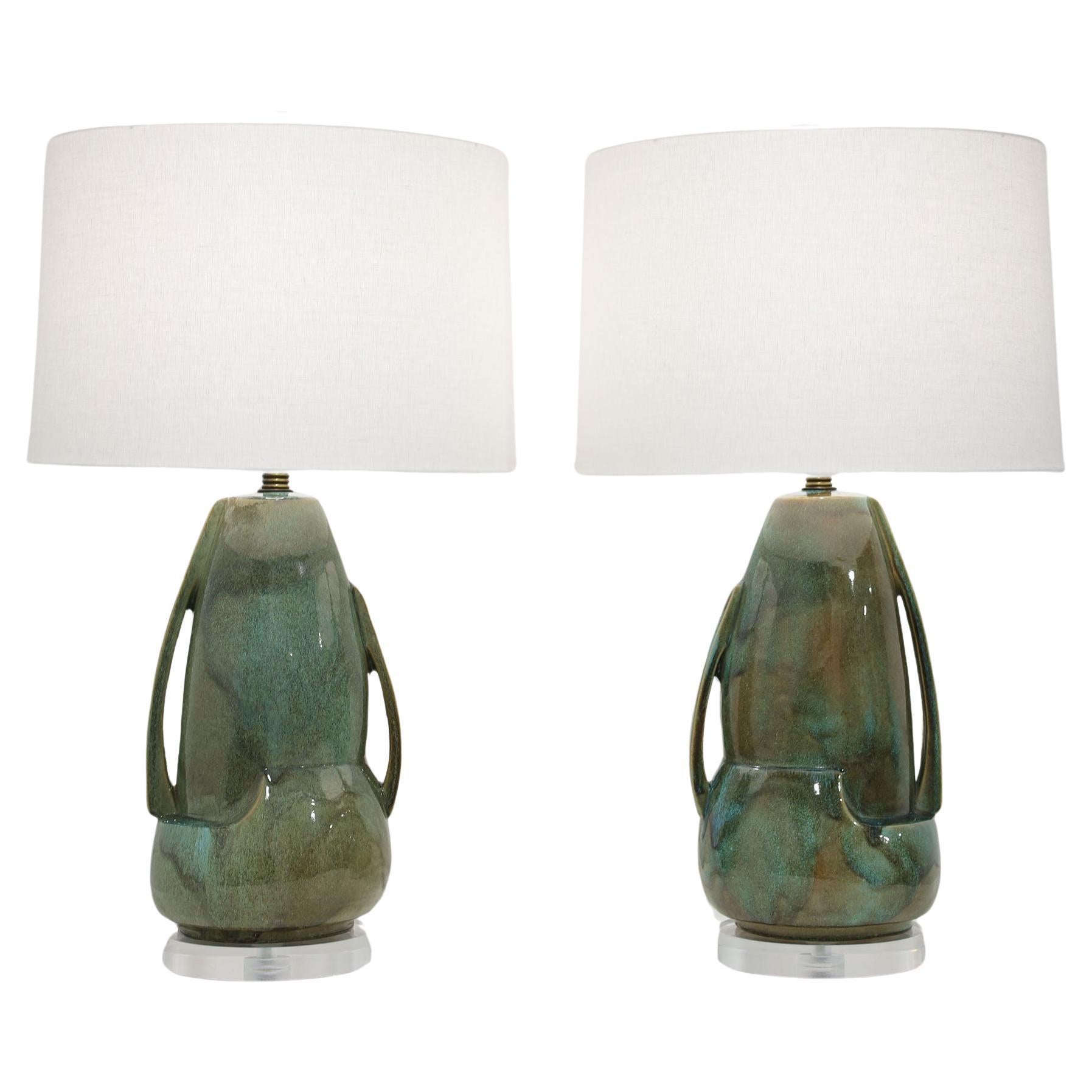 Pair of Mid Century Modern Drip Glaze Avacado  Table Lamps