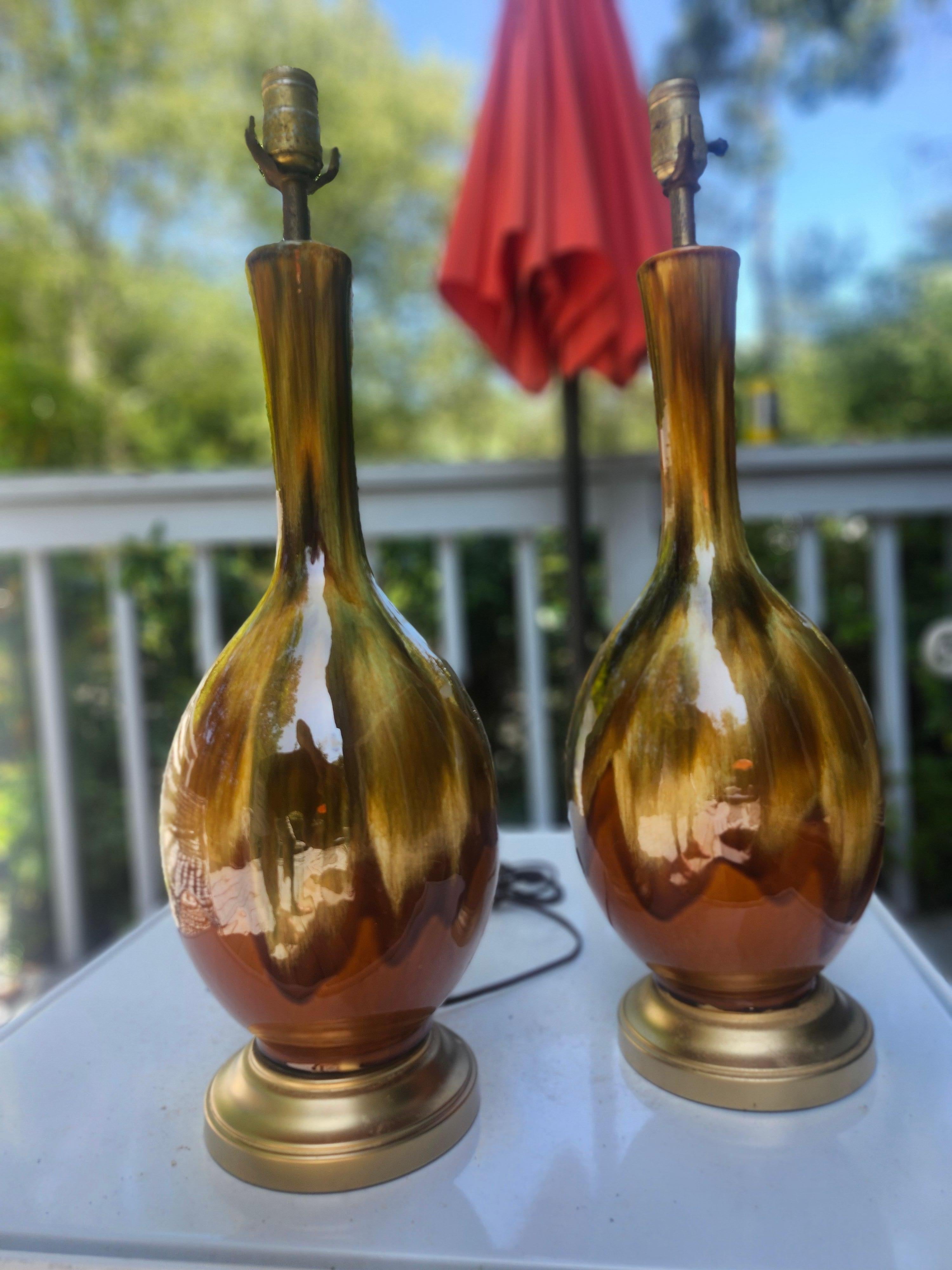 Mid-Century Modern Pair of Mid Century Modern Drip Glaze Table Lamps w Greens & Yellowish Browns For Sale