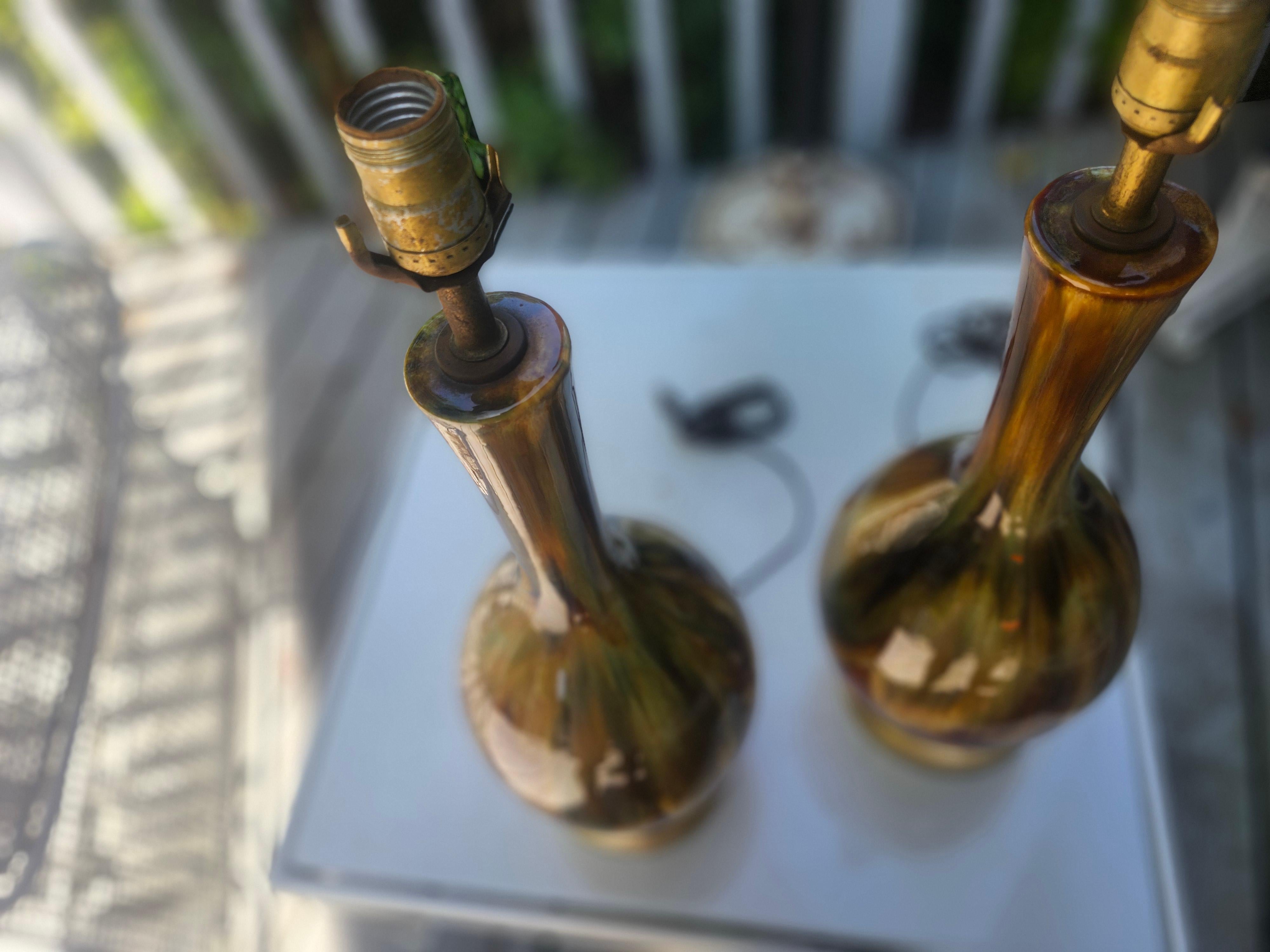 American Pair of Mid Century Modern Drip Glaze Table Lamps w Greens & Yellowish Browns For Sale