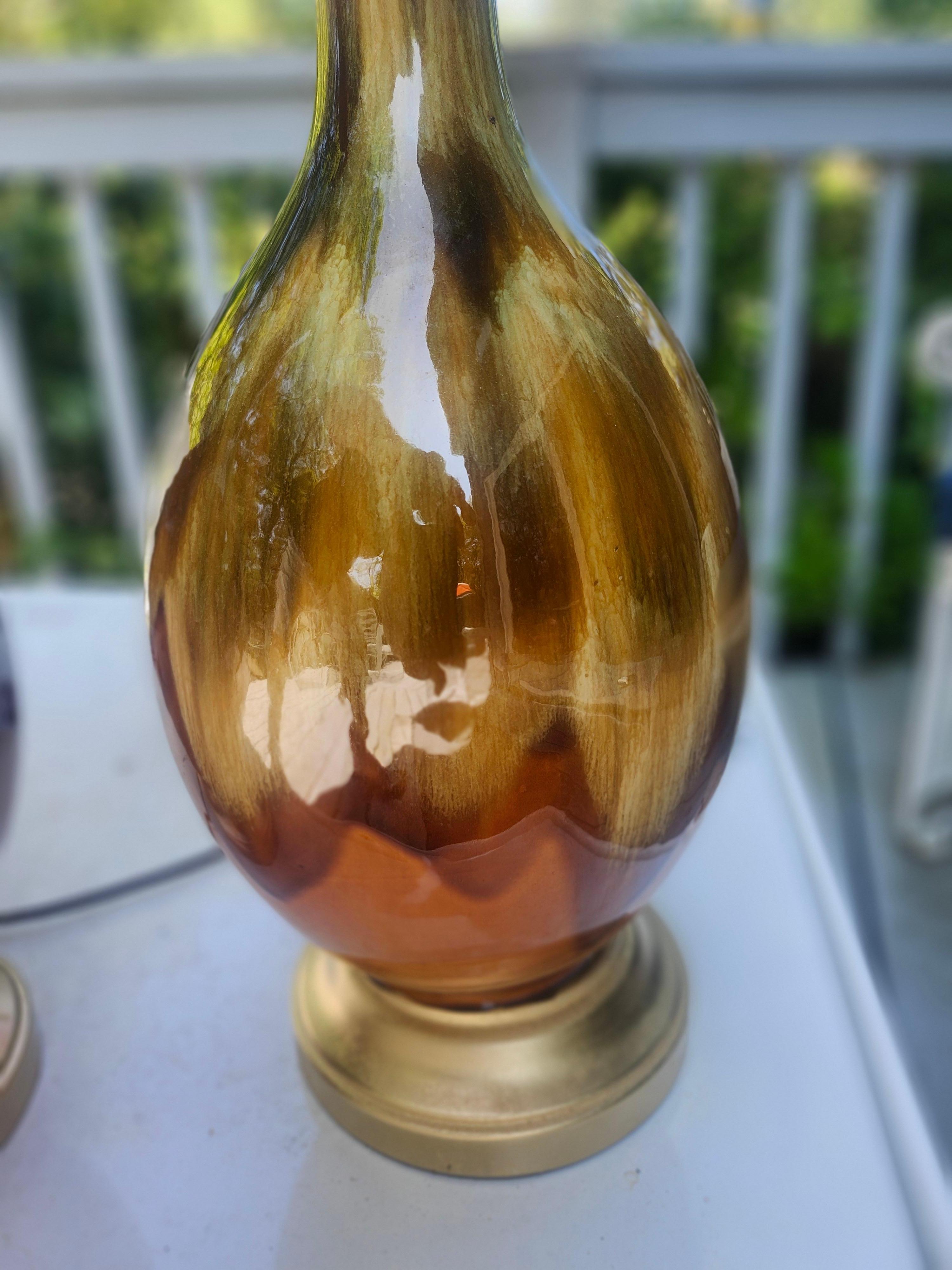 Glazed Pair of Mid Century Modern Drip Glaze Table Lamps w Greens & Yellowish Browns For Sale