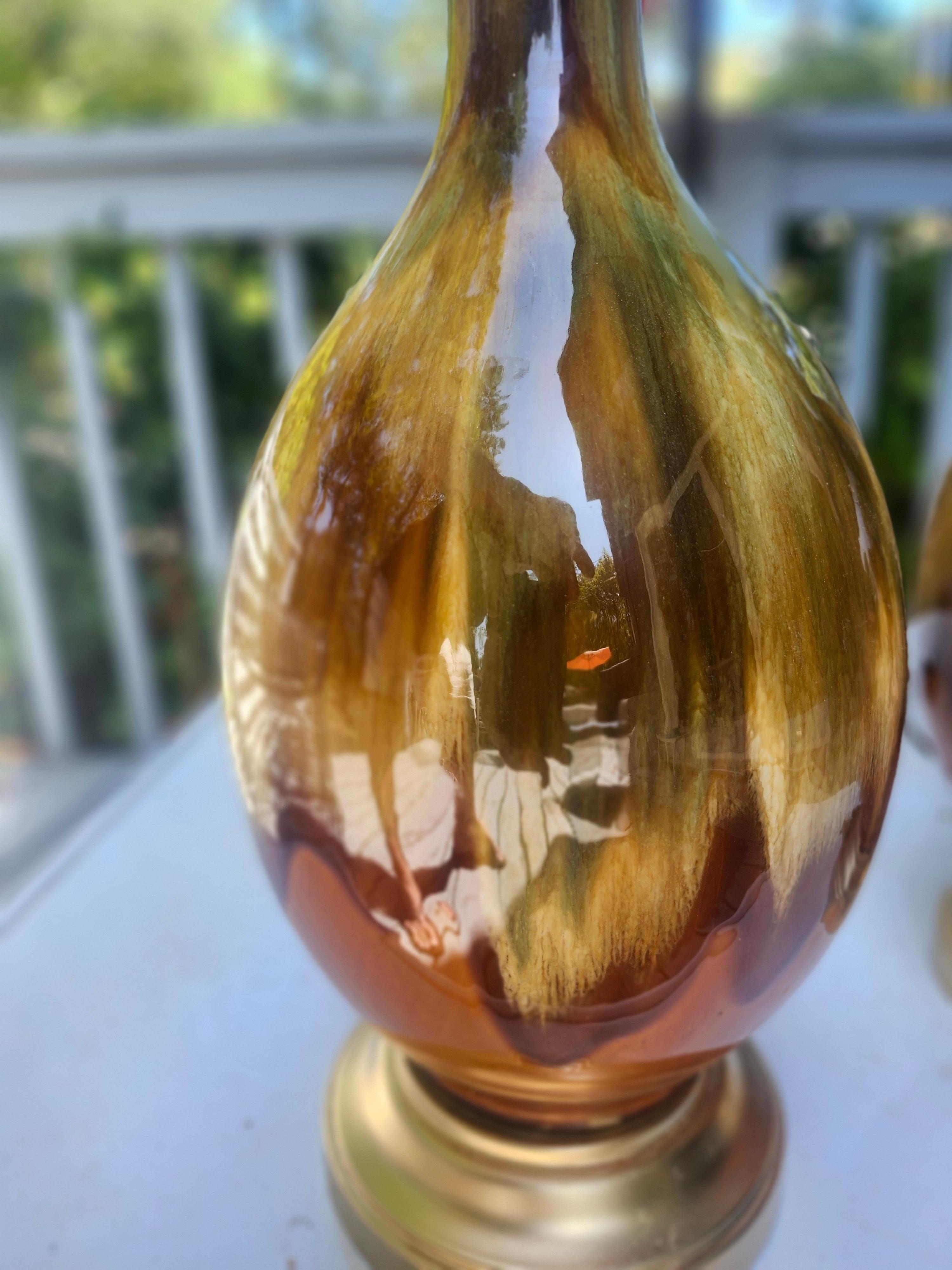 Metal Pair of Mid Century Modern Drip Glaze Table Lamps w Greens & Yellowish Browns For Sale