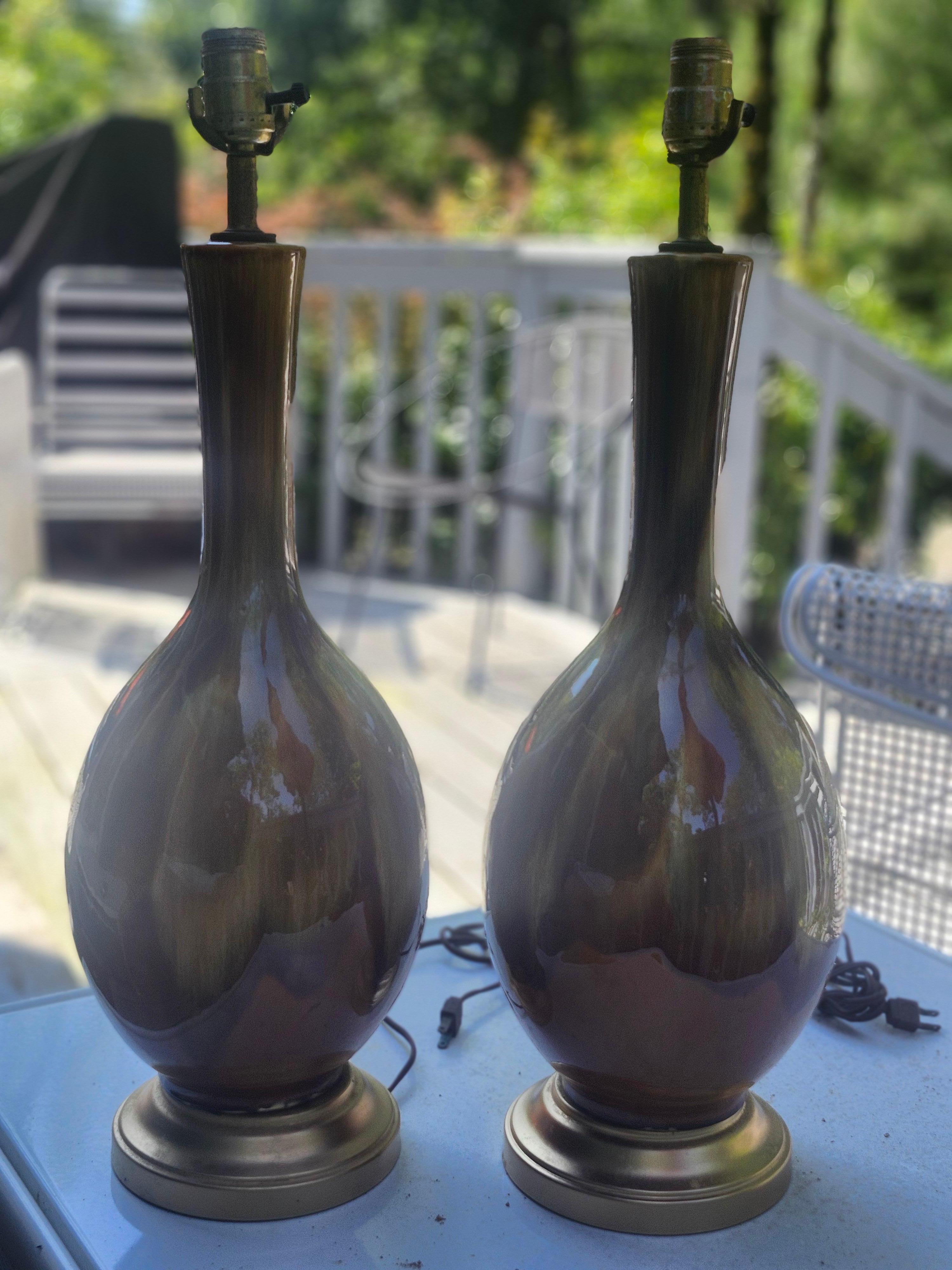 Pair of Mid Century Modern Drip Glaze Table Lamps w Greens & Yellowish Browns For Sale 1