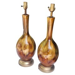Pair of Mid Century Modern Drip Glaze Table Lamps w Greens & Yellowish Browns