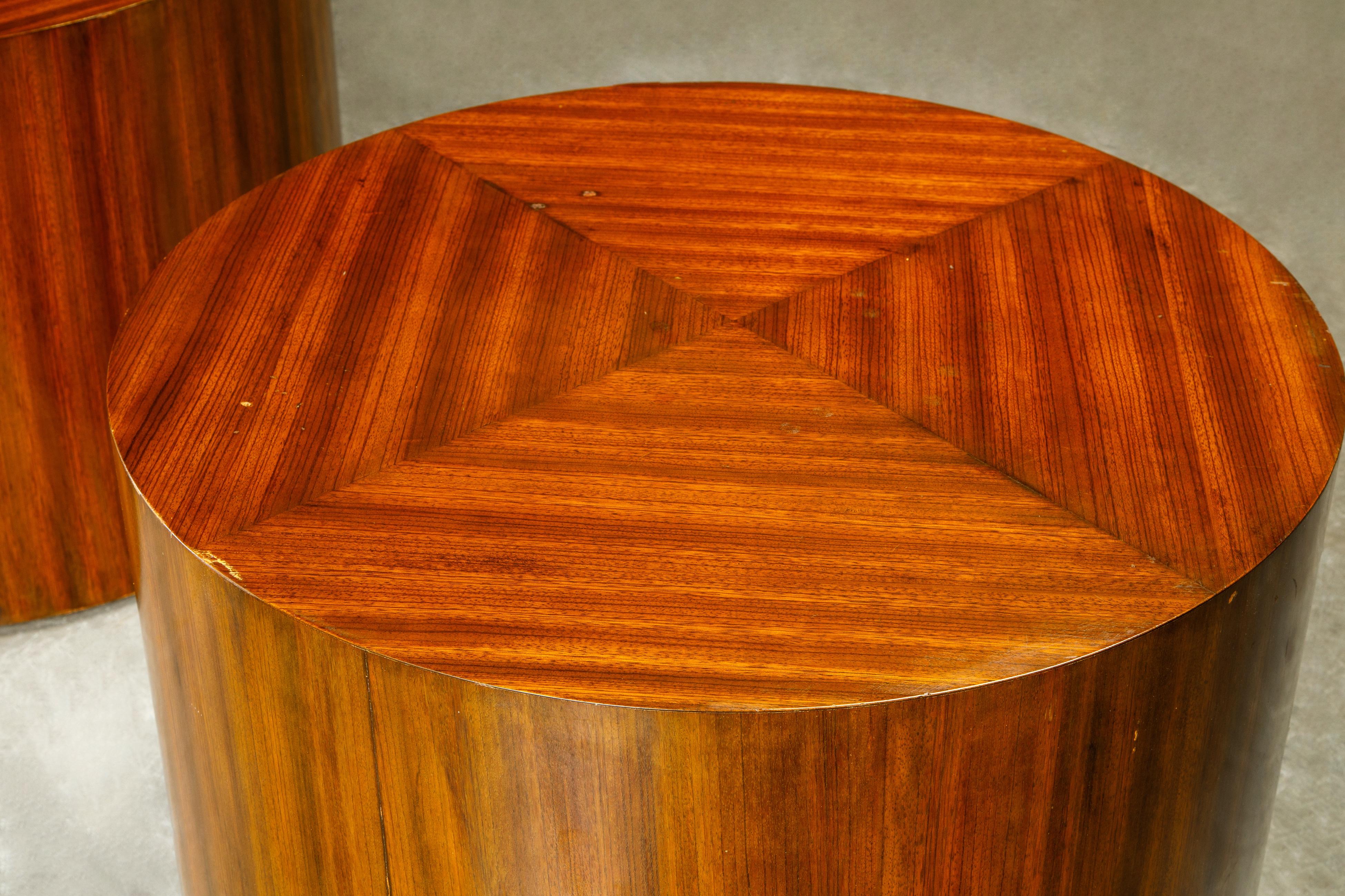 Pair of Mid-Century Modern Drum Form Wood Side Tables / Pedestals, circa 1970s 14