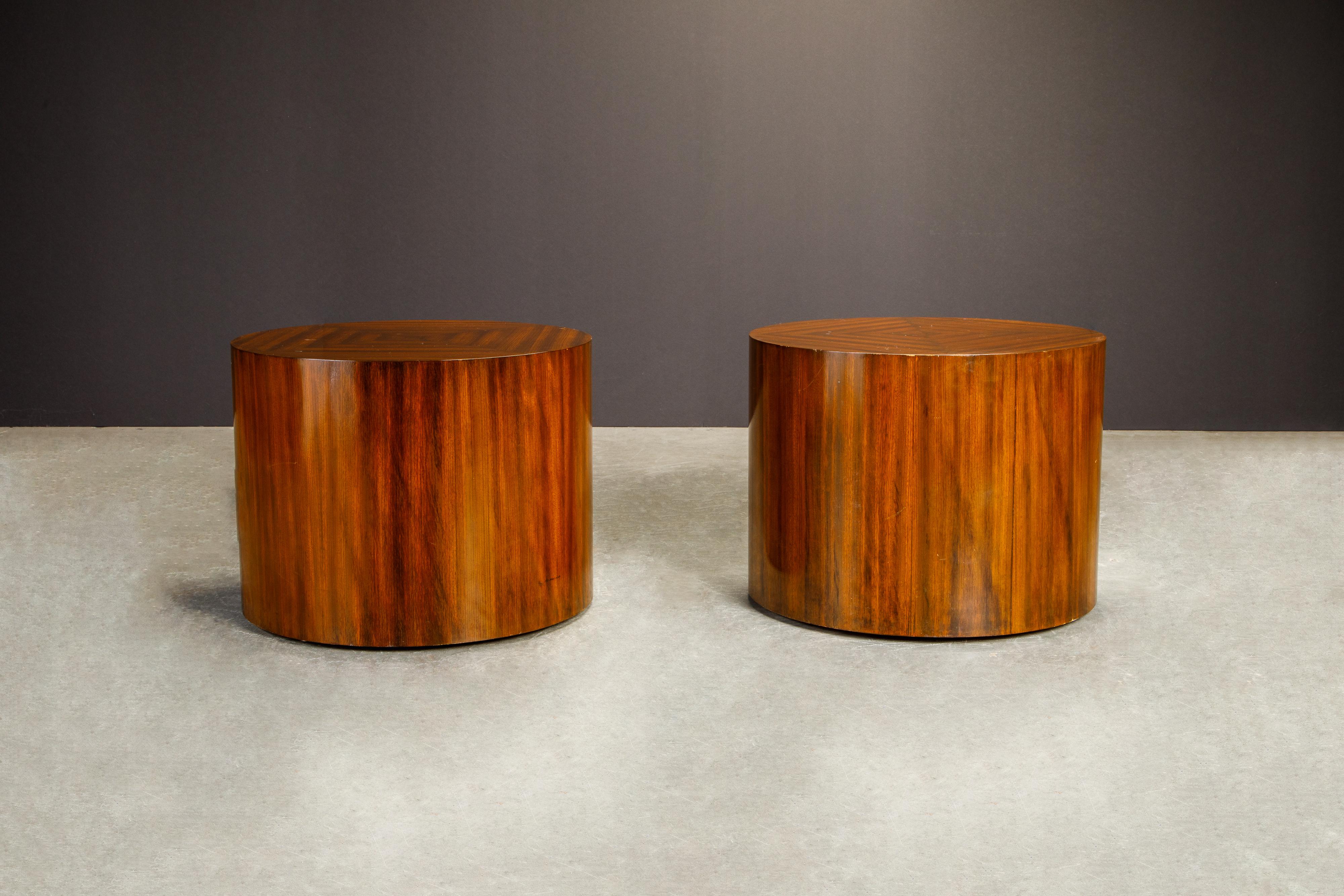 American Pair of Mid-Century Modern Drum Form Wood Side Tables / Pedestals, circa 1970s