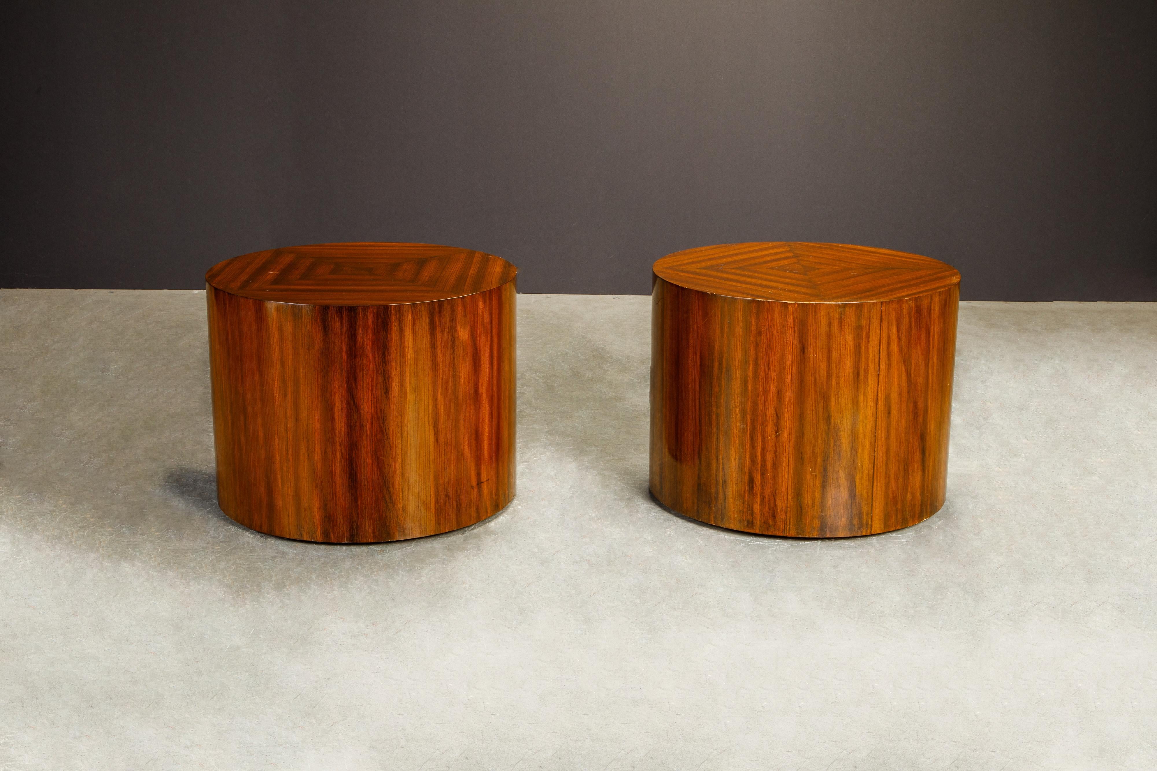 Veneer Pair of Mid-Century Modern Drum Form Wood Side Tables / Pedestals, circa 1970s