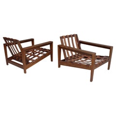 Pair of Mid-Century Modern Easy Chairs in Teak with Cognac Leather Strap