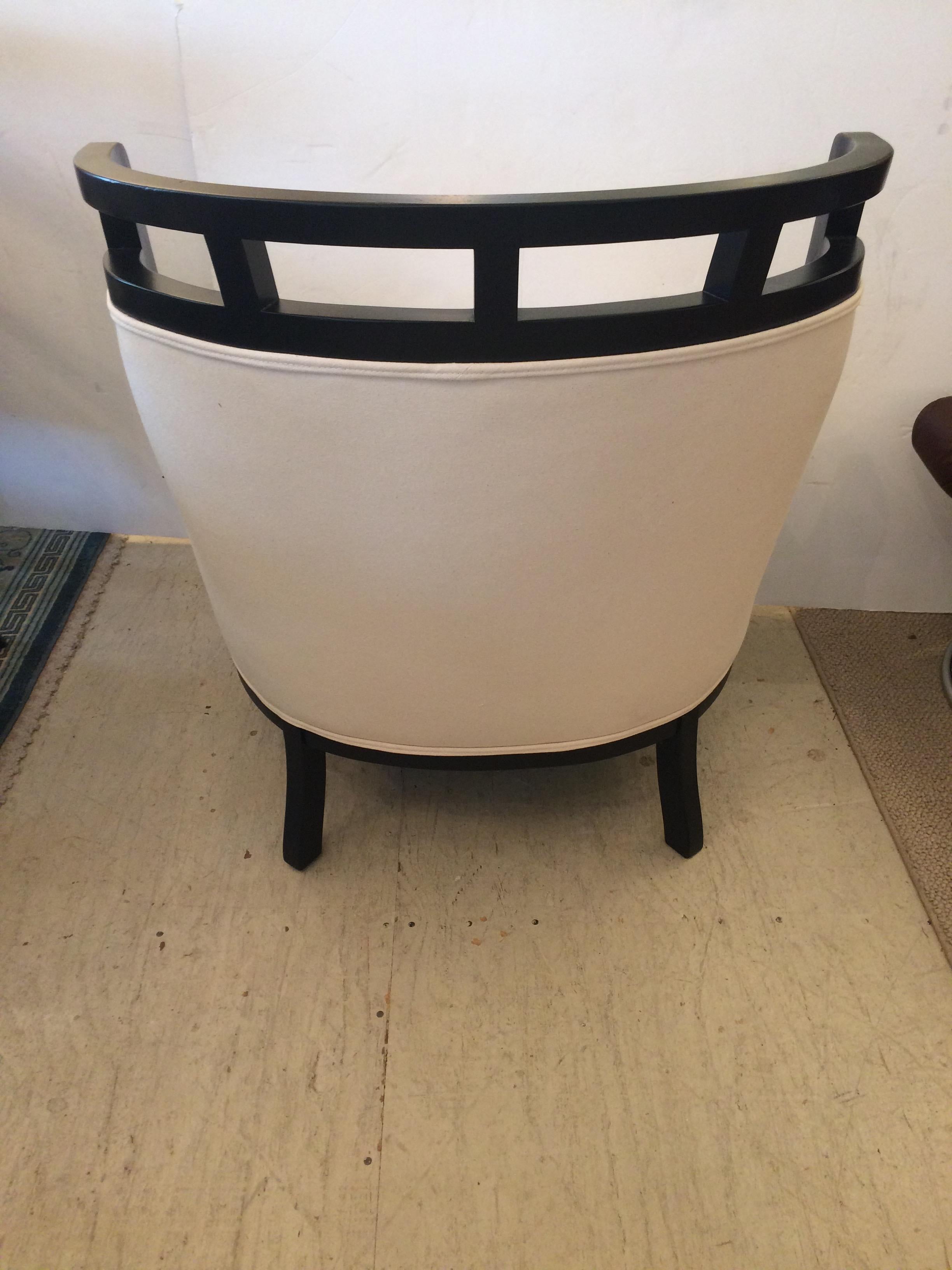 Pair of Mid-Century Modern Ebonized and Upholstered Barrel Back Tub Club Chairs In Excellent Condition In Hopewell, NJ