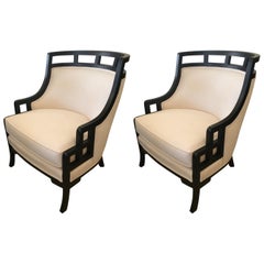Retro Pair of Mid-Century Modern Ebonized and Upholstered Barrel Back Tub Club Chairs