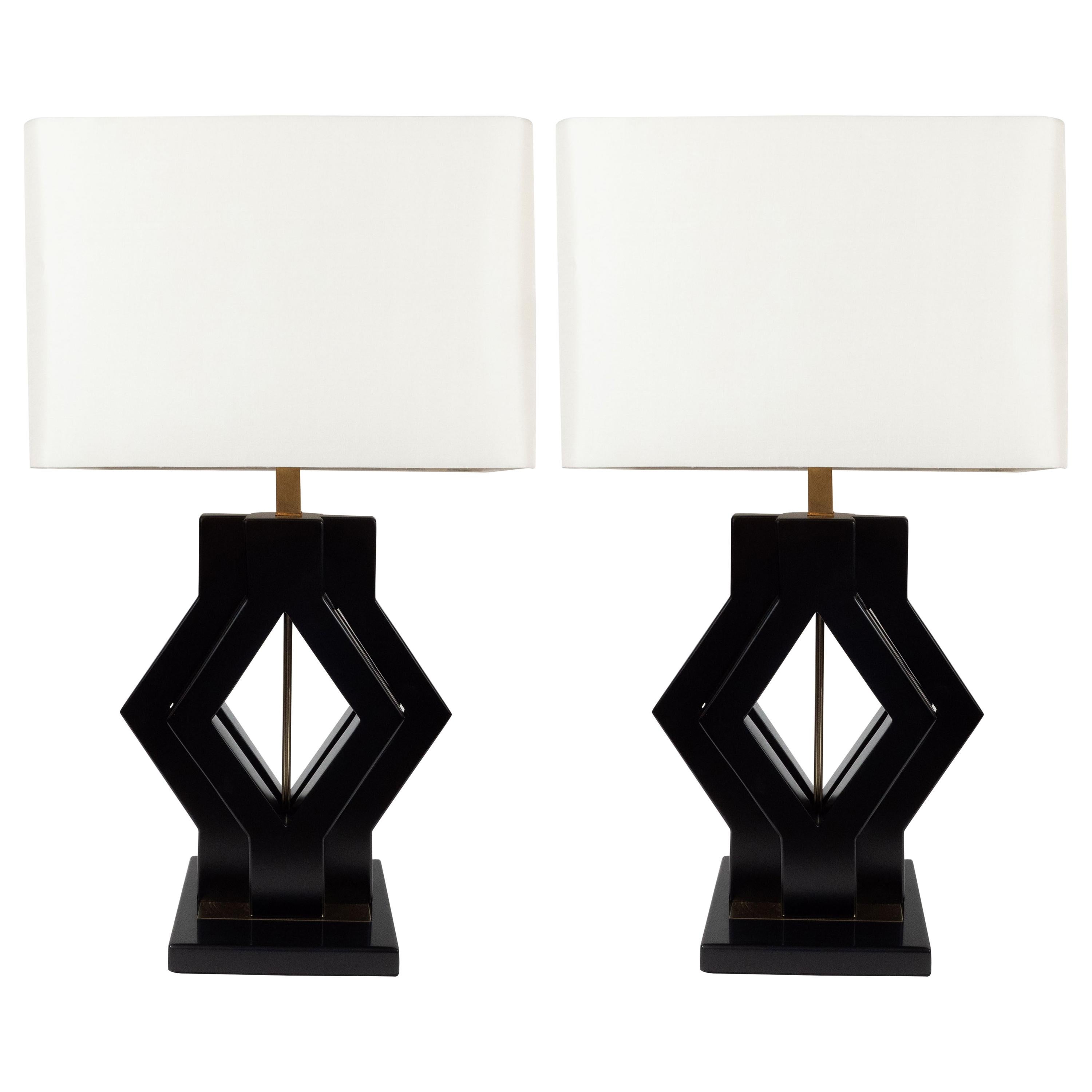 Pair of Mid-Century Modern Ebonized Walnut and Brass Geometric Table Lamps