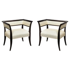 Pair of Mid-Century Modern Ebonized Walnut Arm Benches in Holly Hunt Fabric