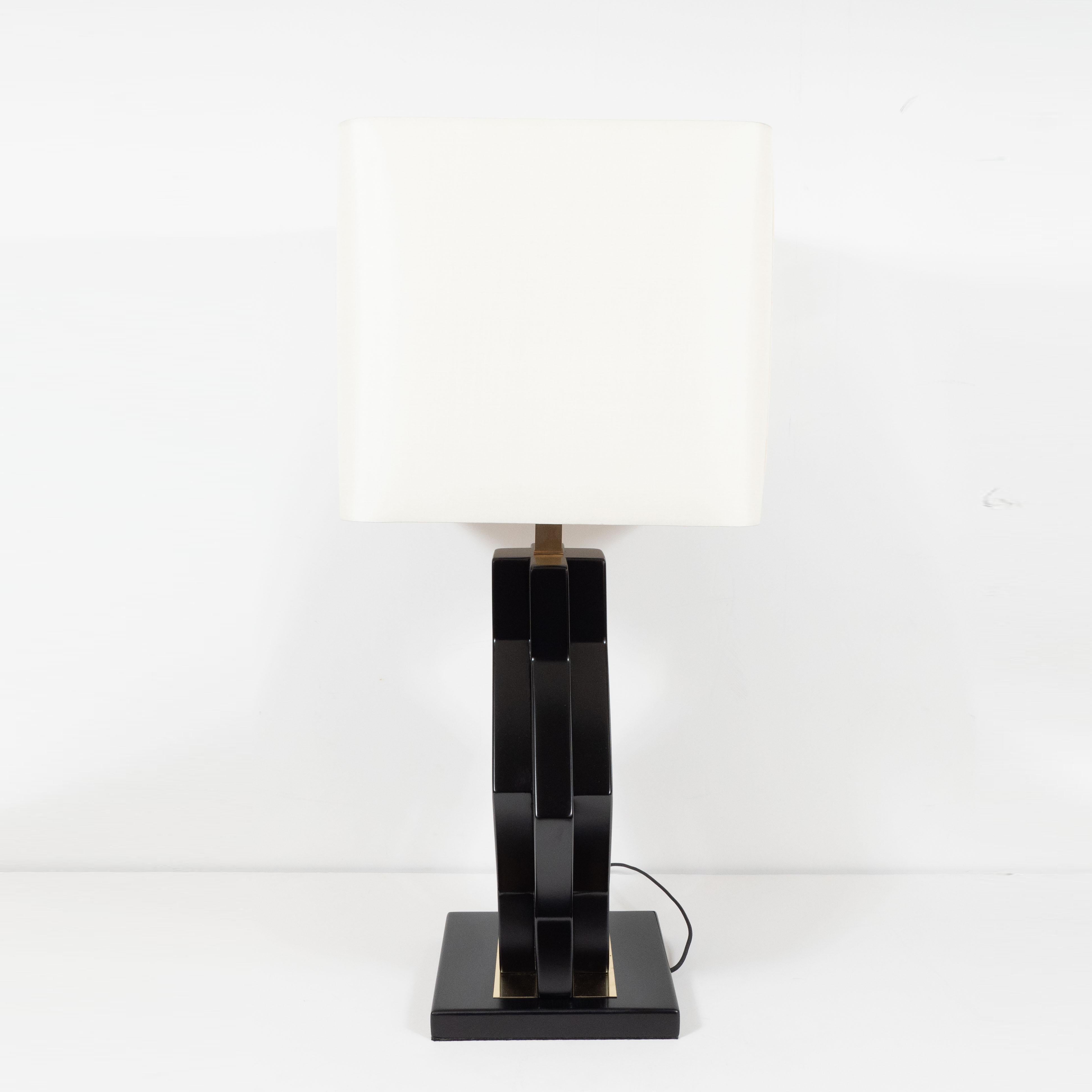 Pair of Mid-Century Modern Ebonized Walnut and Brass Geometric Table Lamps 5