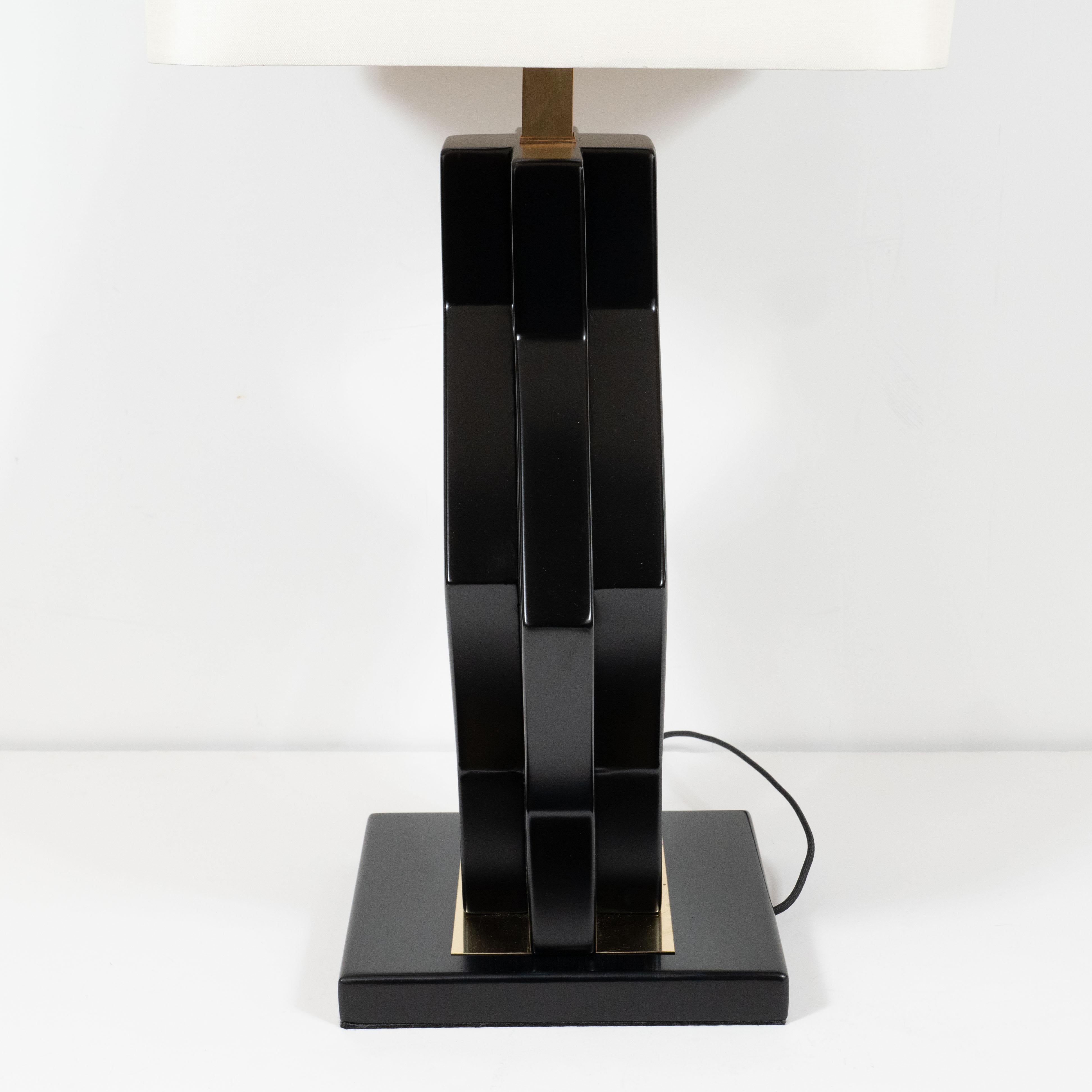 Pair of Mid-Century Modern Ebonized Walnut and Brass Geometric Table Lamps 6