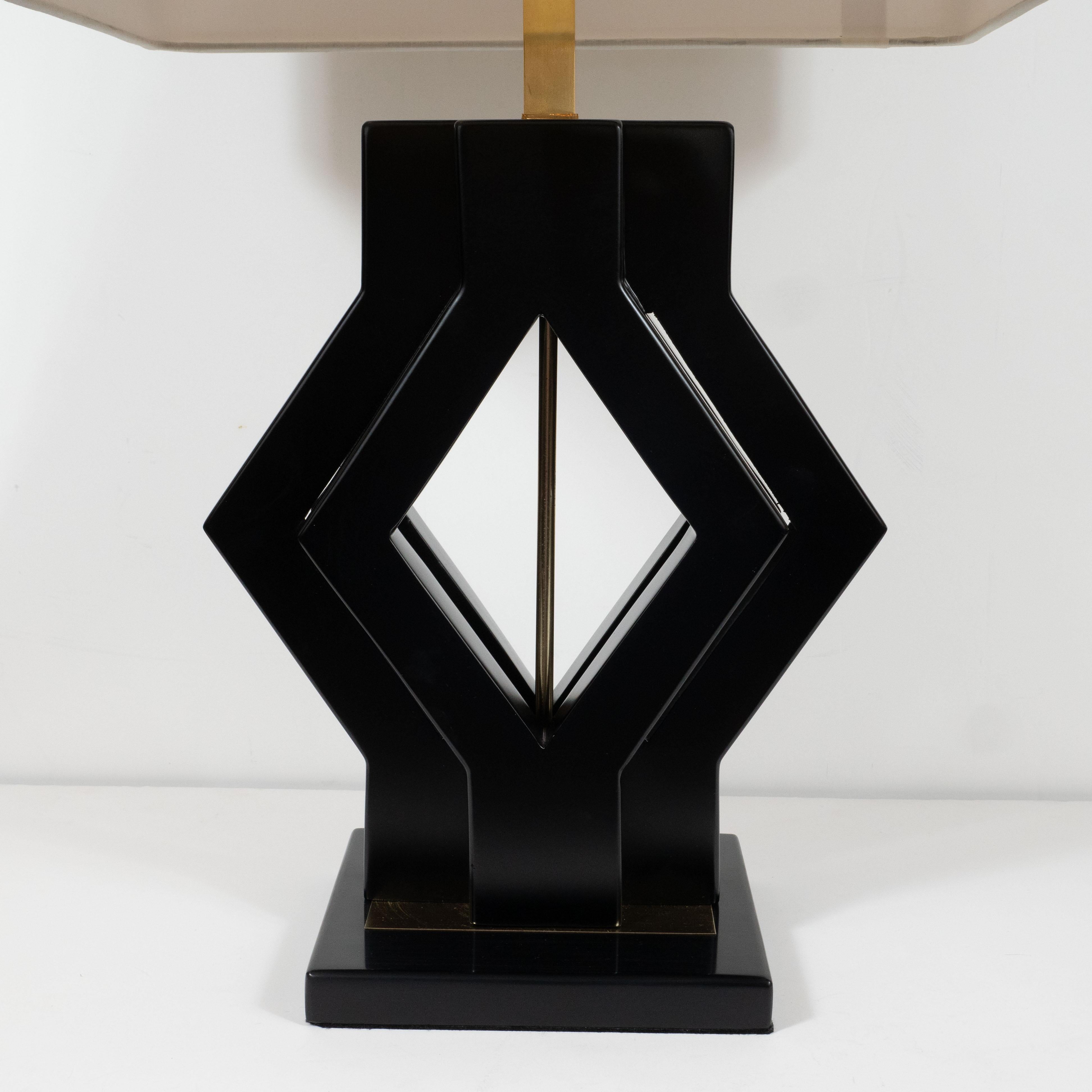 American Pair of Mid-Century Modern Ebonized Walnut and Brass Geometric Table Lamps
