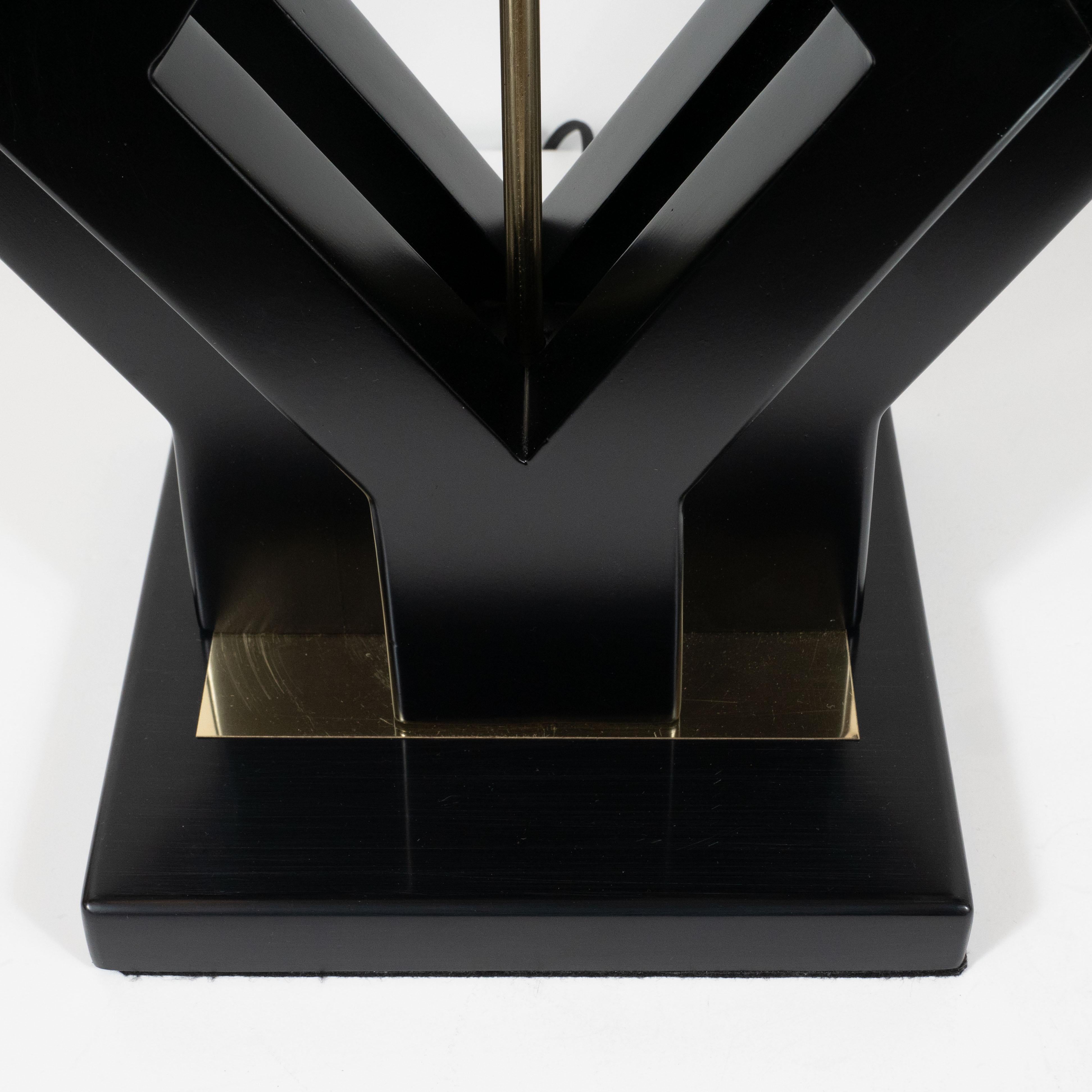 Pair of Mid-Century Modern Ebonized Walnut and Brass Geometric Table Lamps 1